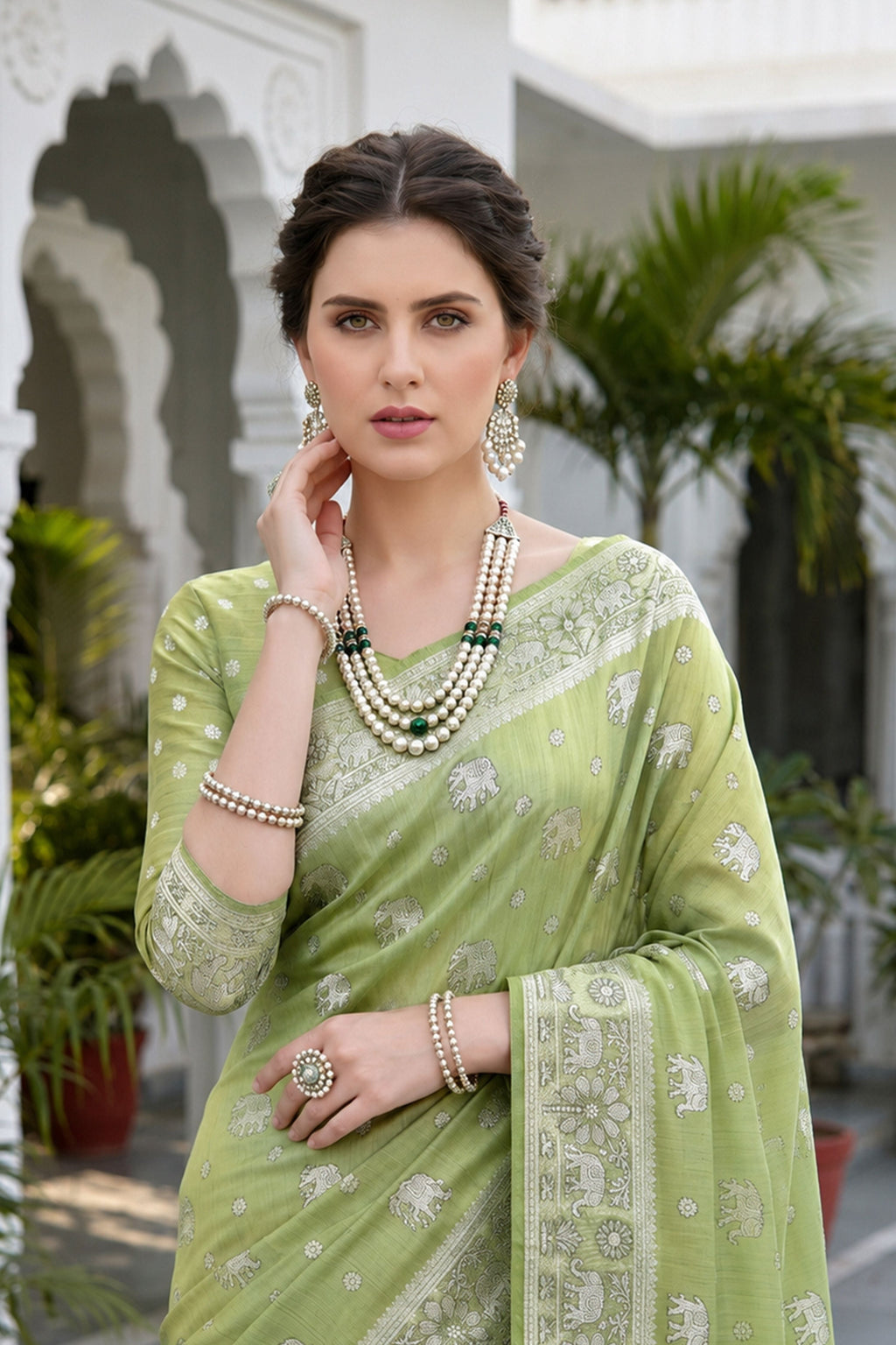 Sangam Prints Pista Green Cotton Blend Woven Work Traditional Saree | Grocsy