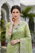 Sangam Prints Pista Green Cotton Blend Woven Work Traditional Saree | Grocsy