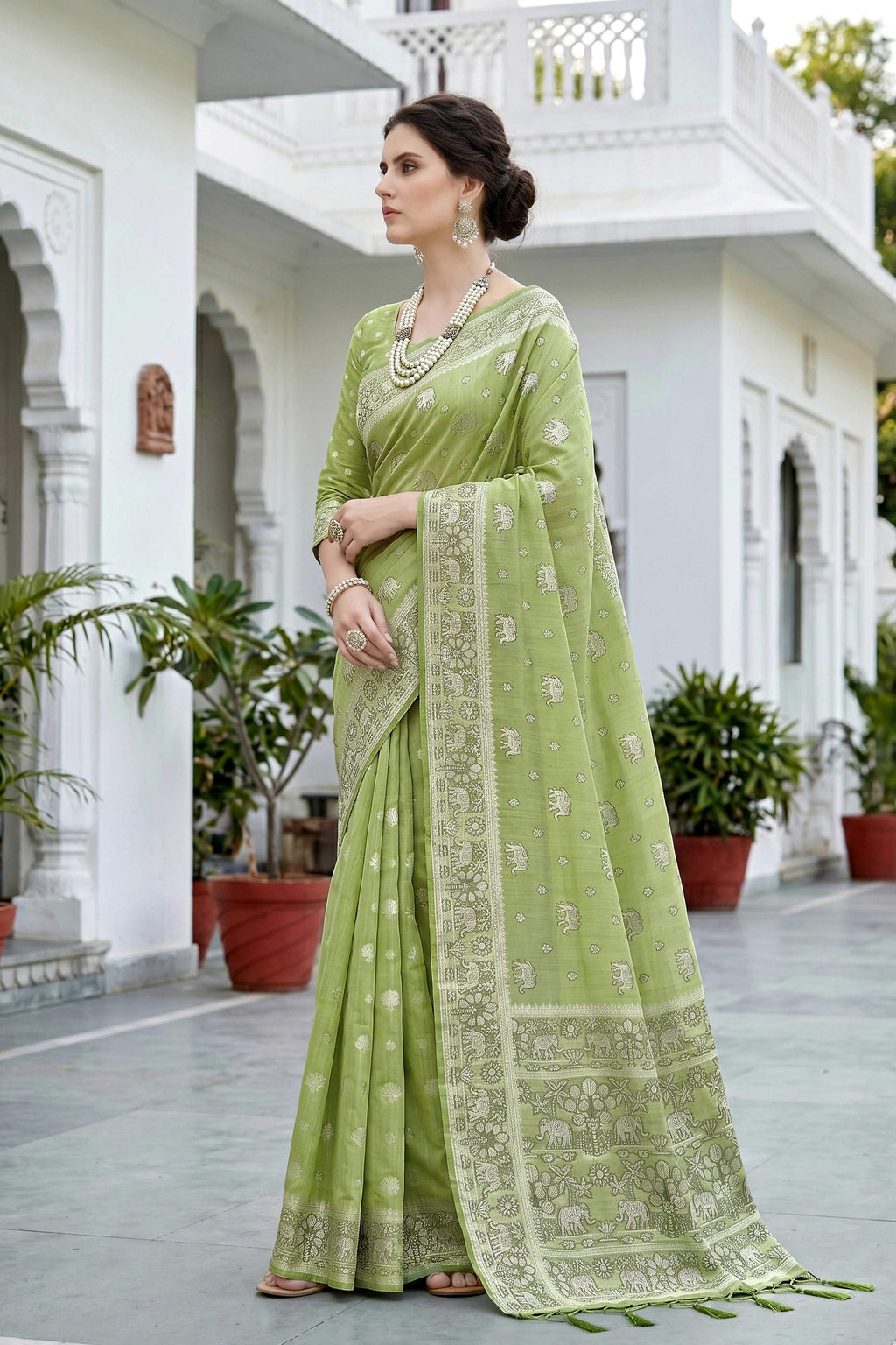 Sangam Prints Pista Green Cotton Blend Woven Work Traditional Saree | Grocsy