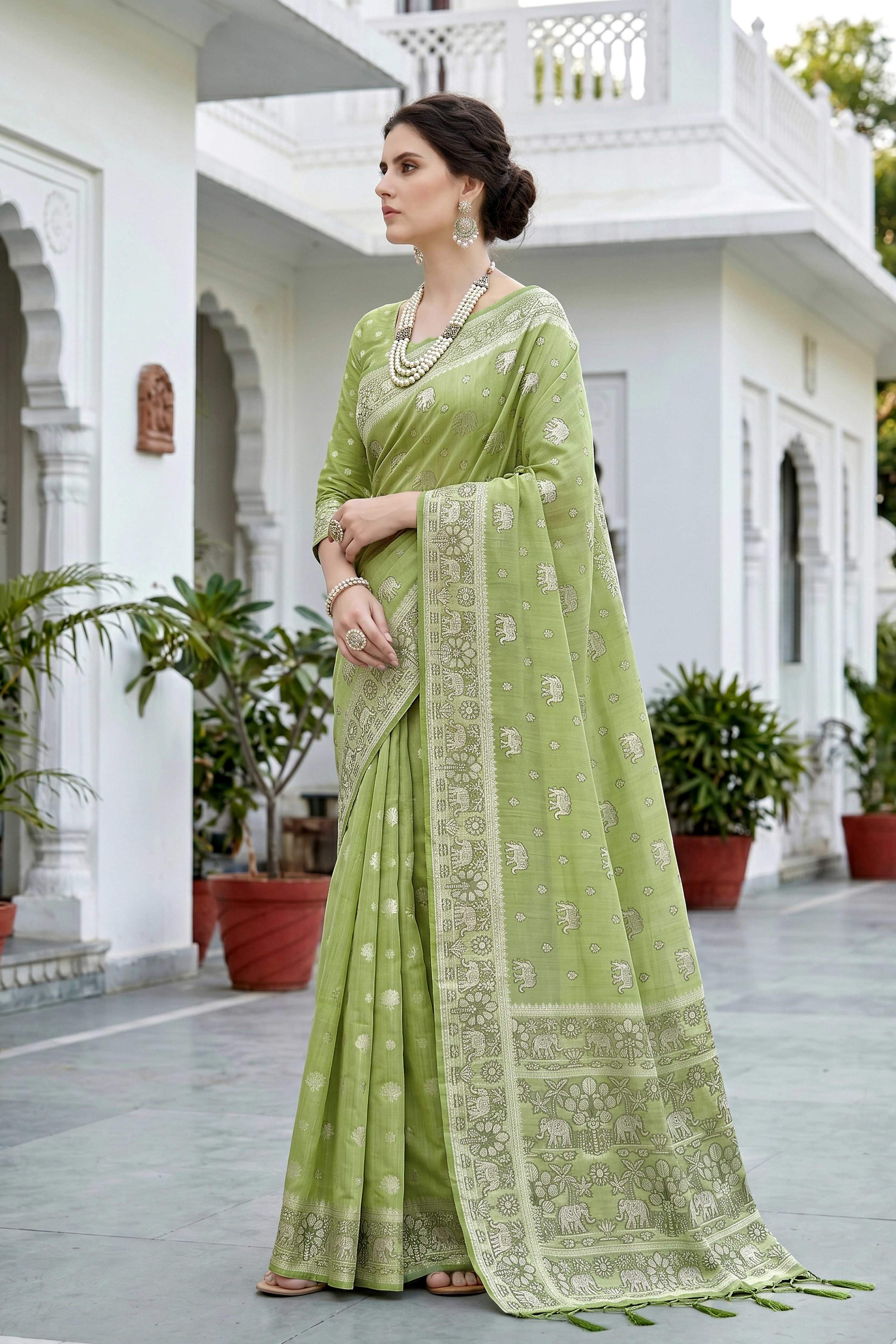 Sangam Prints Pista Green Cotton Blend Woven Work Traditional Saree | Grocsy