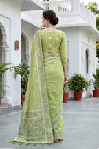Sangam Prints Pista Green Cotton Blend Woven Work Traditional Saree | Grocsy