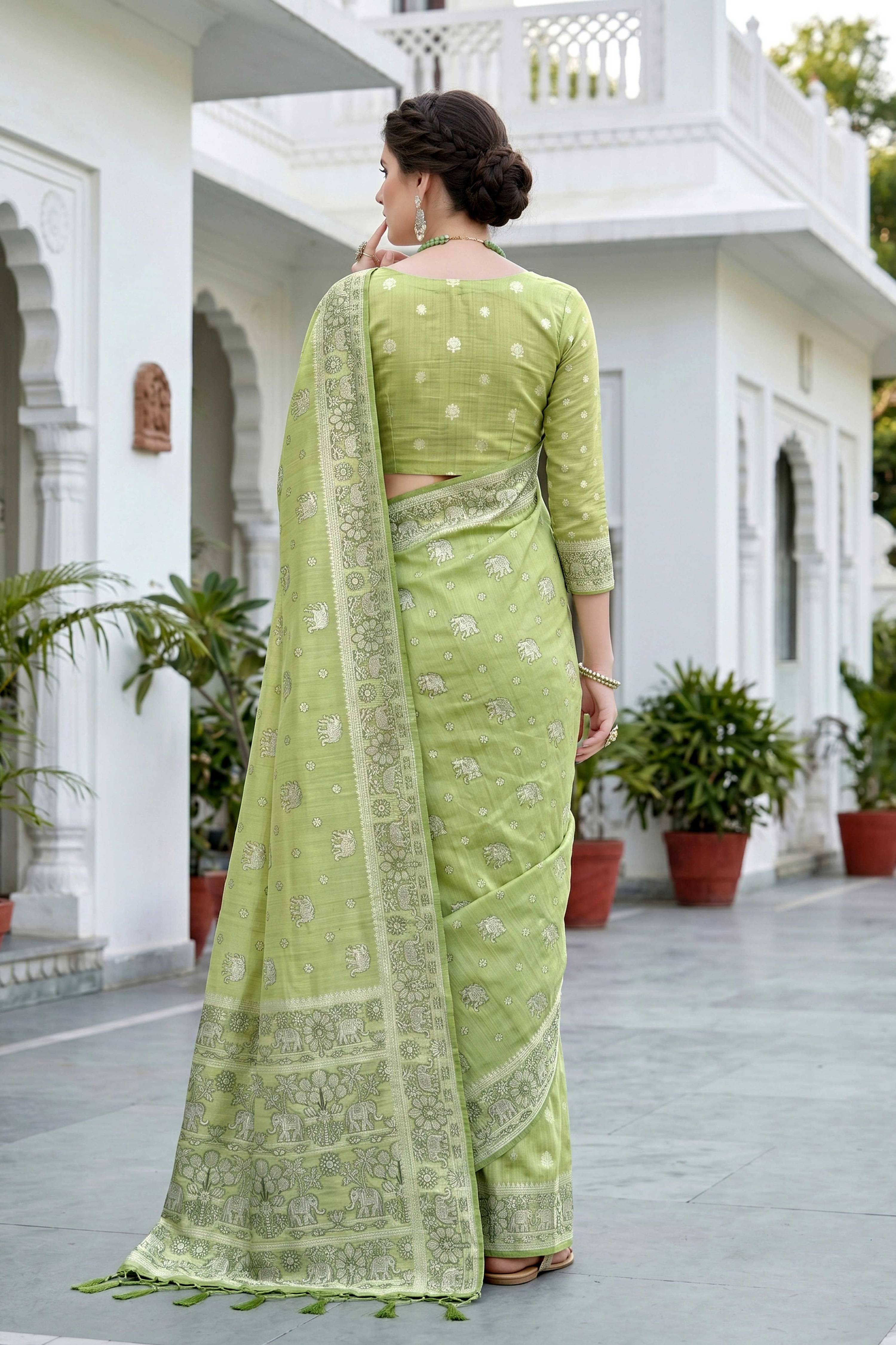 Sangam Prints Pista Green Cotton Blend Woven Work Traditional Saree | Grocsy