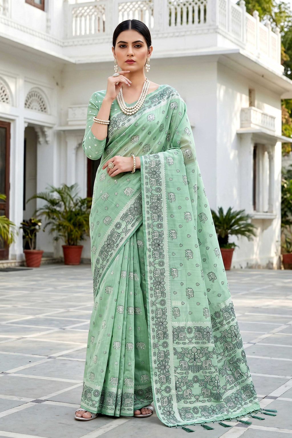 Sangam Prints Mint Green Cotton Blend Woven Work Traditional Saree | Grocsy