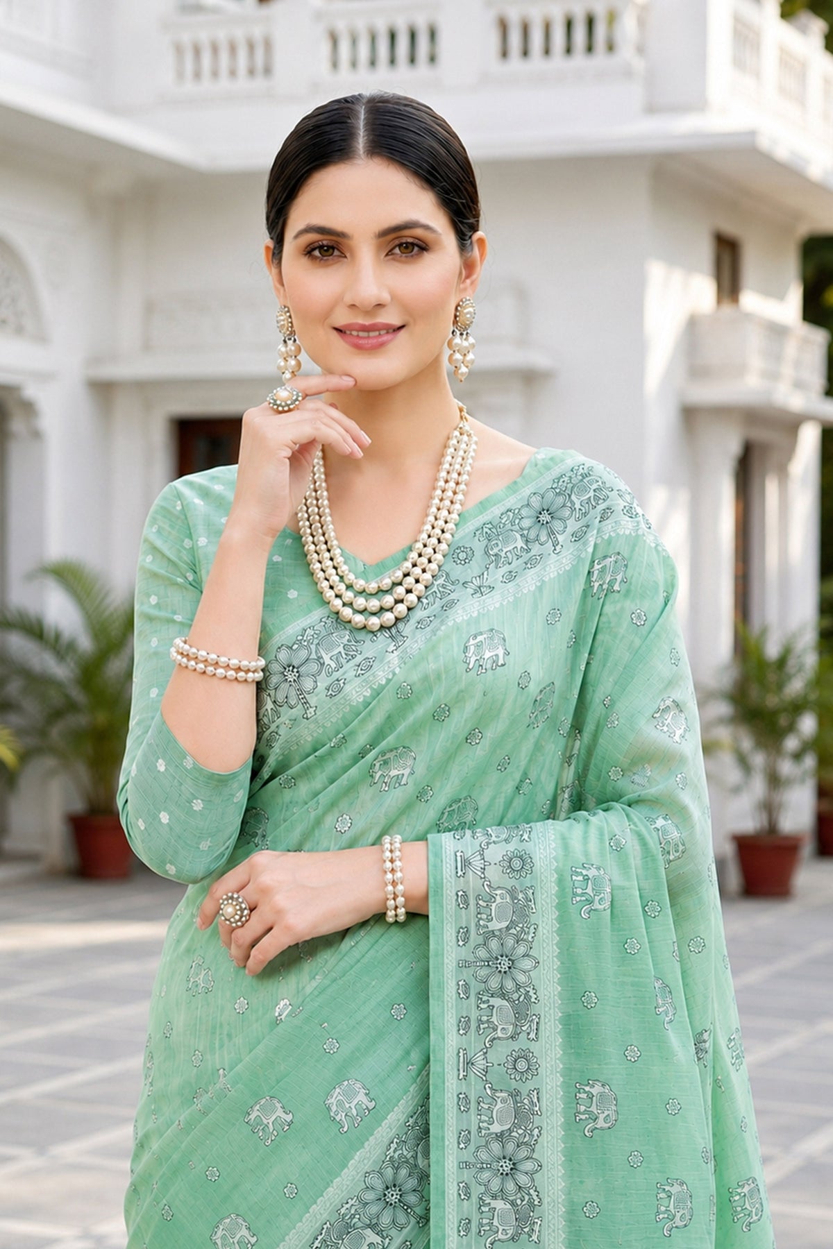 Sangam Prints Mint Green Cotton Blend Woven Work Traditional Saree | Grocsy