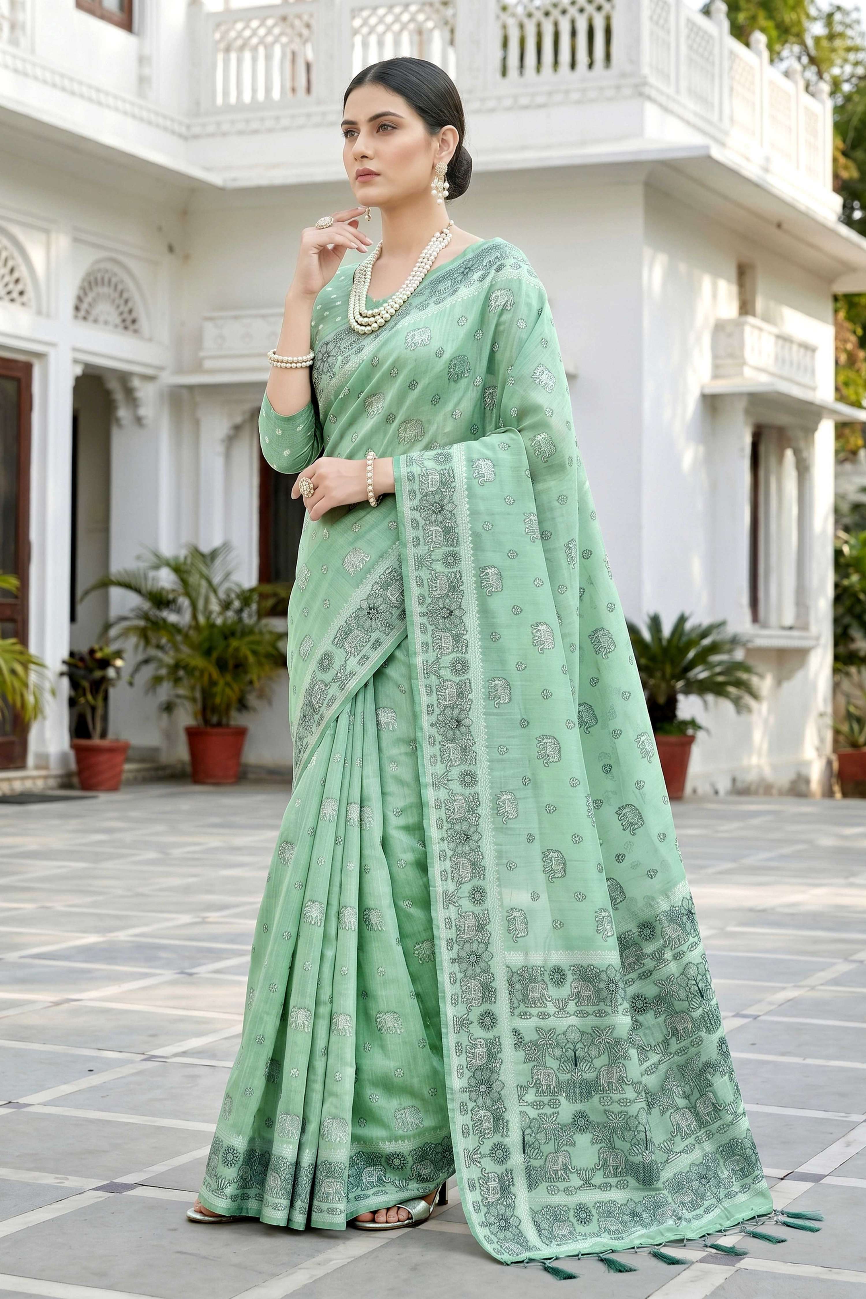 Sangam Prints Mint Green Cotton Blend Woven Work Traditional Saree | Grocsy