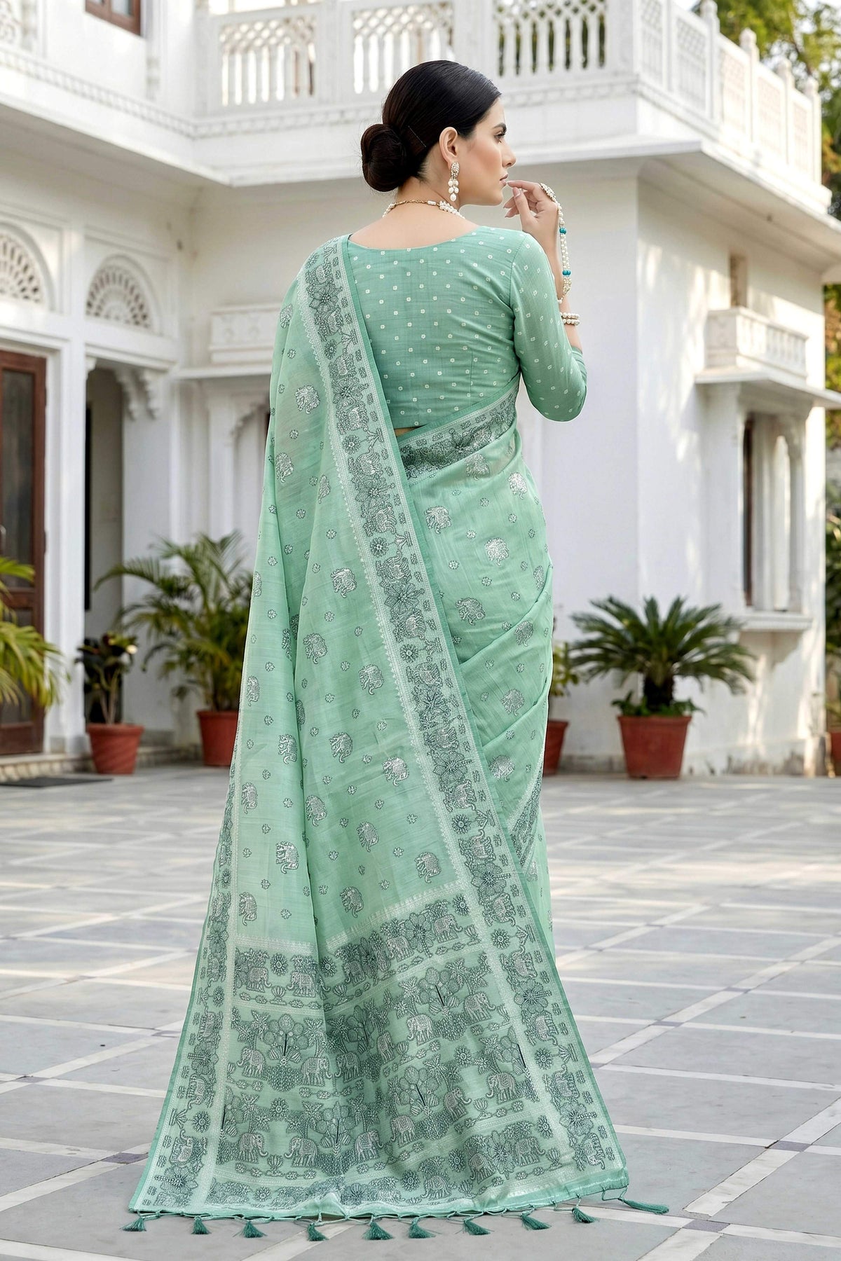 Sangam Prints Mint Green Cotton Blend Woven Work Traditional Saree | Grocsy