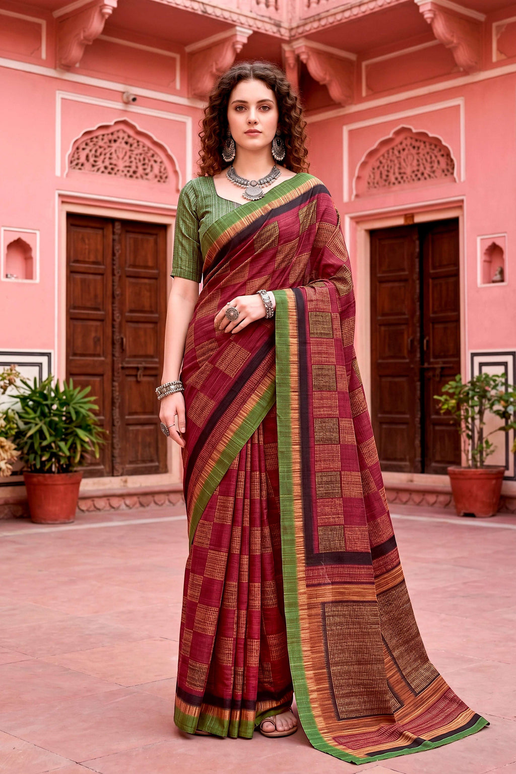 Sangam Prints Maroon Cotton Blend Woven Work Traditional Saree | Grocsy