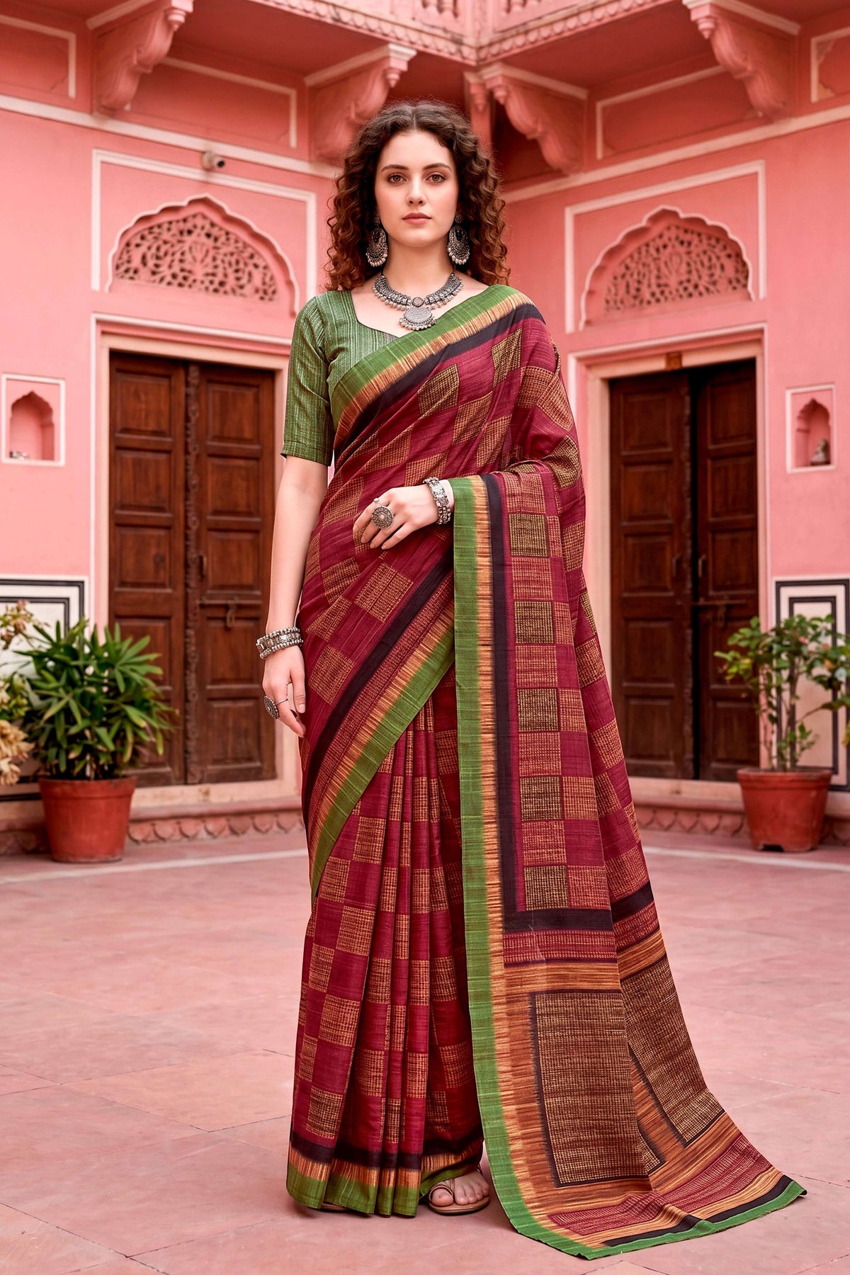 Sangam Prints Maroon Cotton Blend Woven Work Traditional Saree | Grocsy