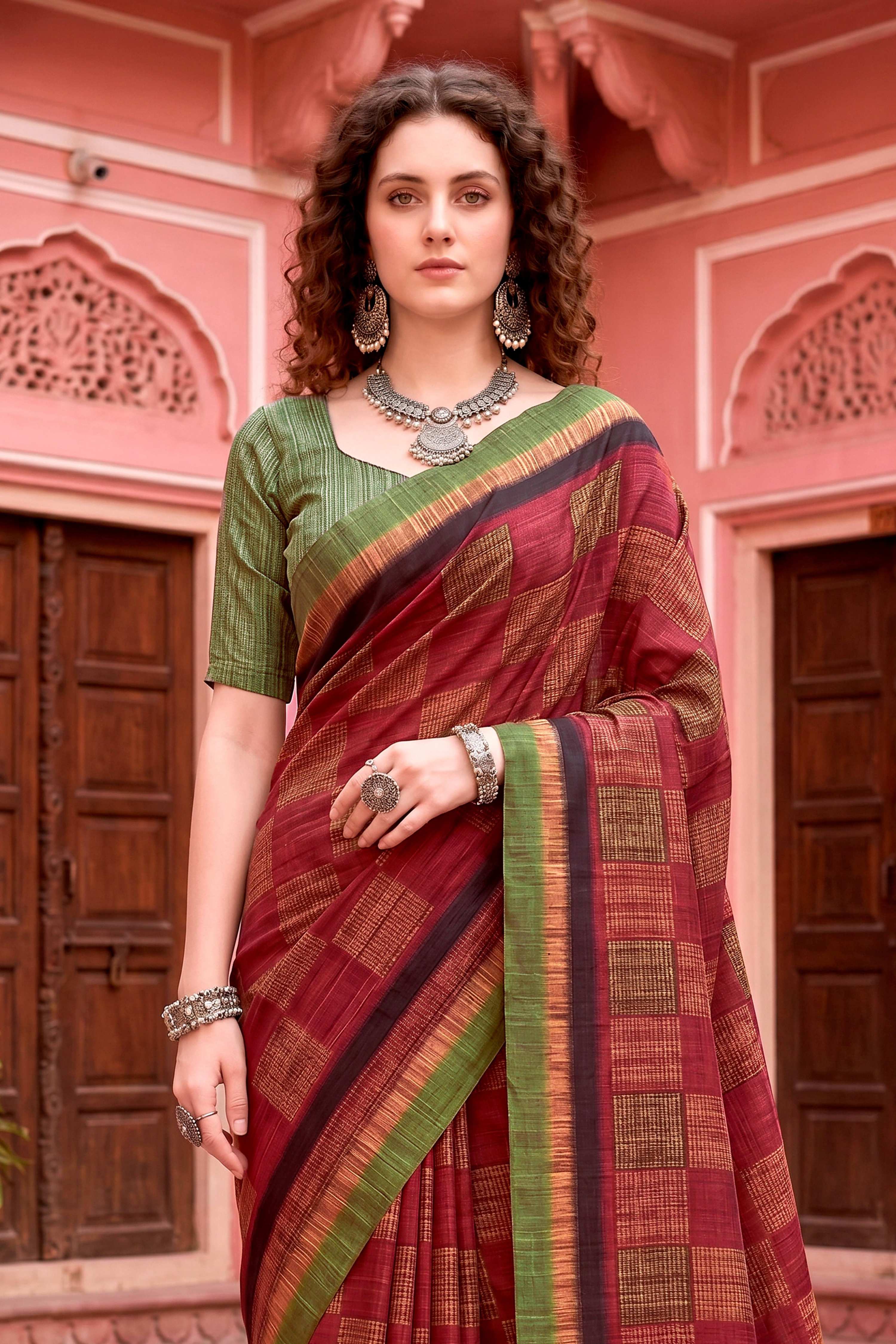 Sangam Prints Maroon Cotton Blend Woven Work Traditional Saree | Grocsy
