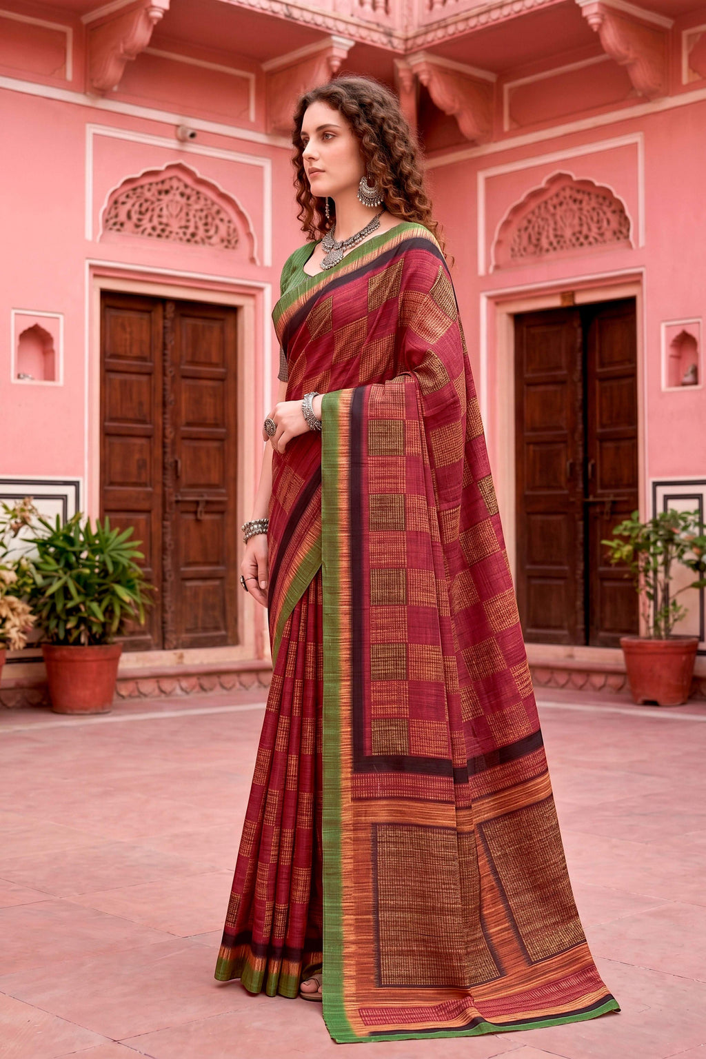 Sangam Prints Maroon Cotton Blend Woven Work Traditional Saree | Grocsy