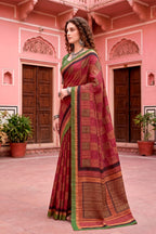 Sangam Prints Maroon Cotton Blend Woven Work Traditional Saree | Grocsy