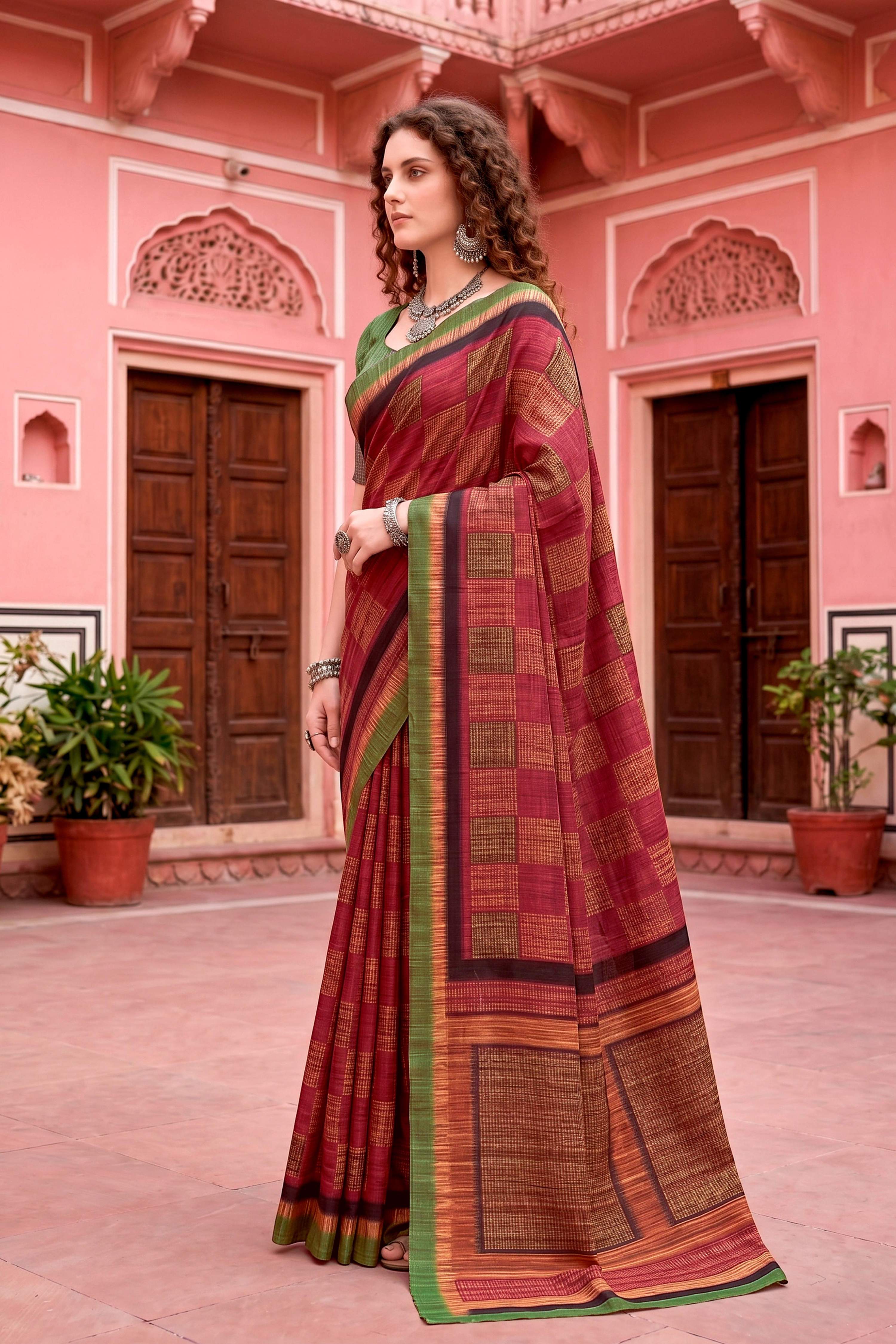 Sangam Prints Maroon Cotton Blend Woven Work Traditional Saree | Grocsy