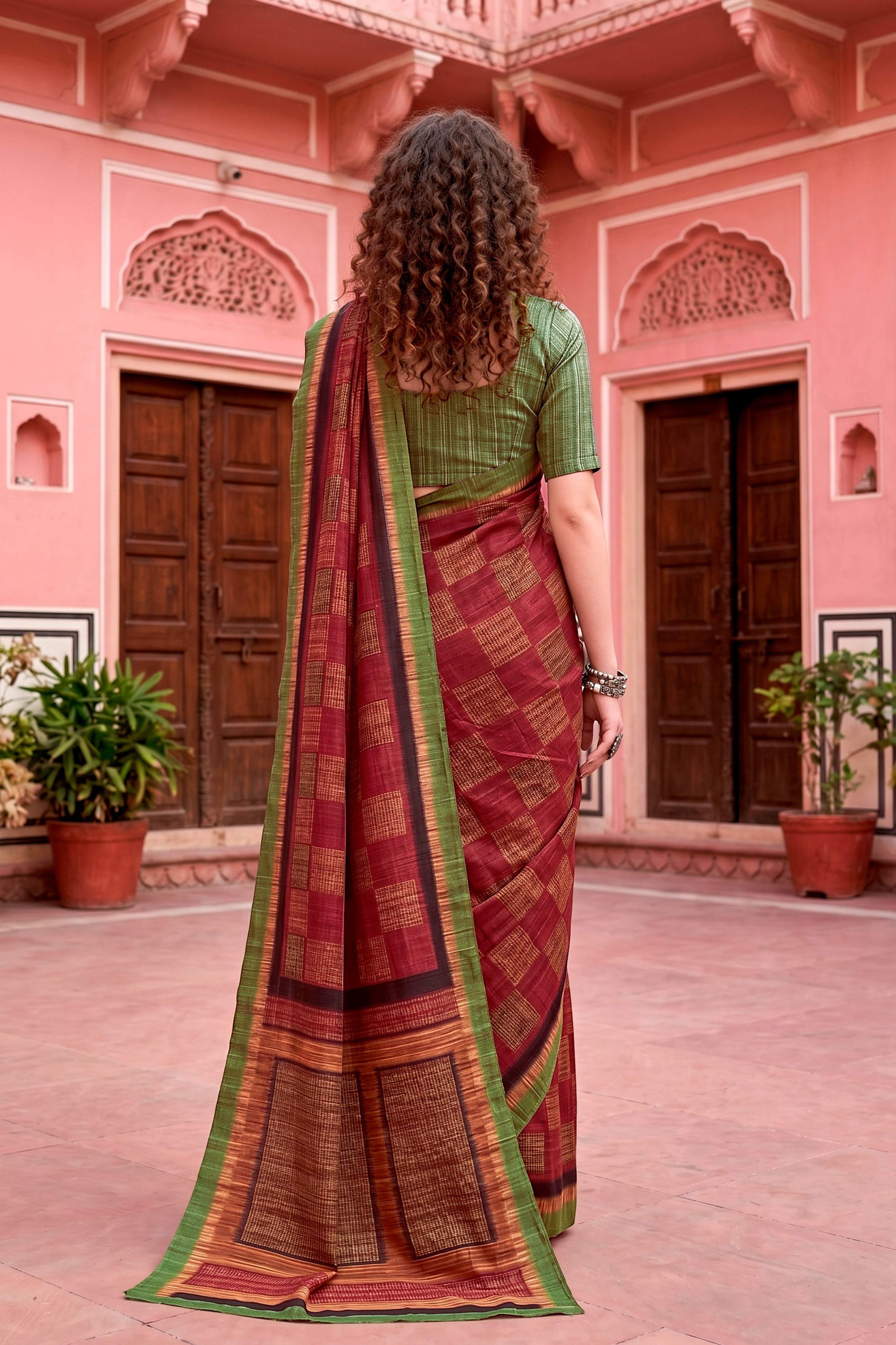 Sangam Prints Maroon Cotton Blend Woven Work Traditional Saree | Grocsy