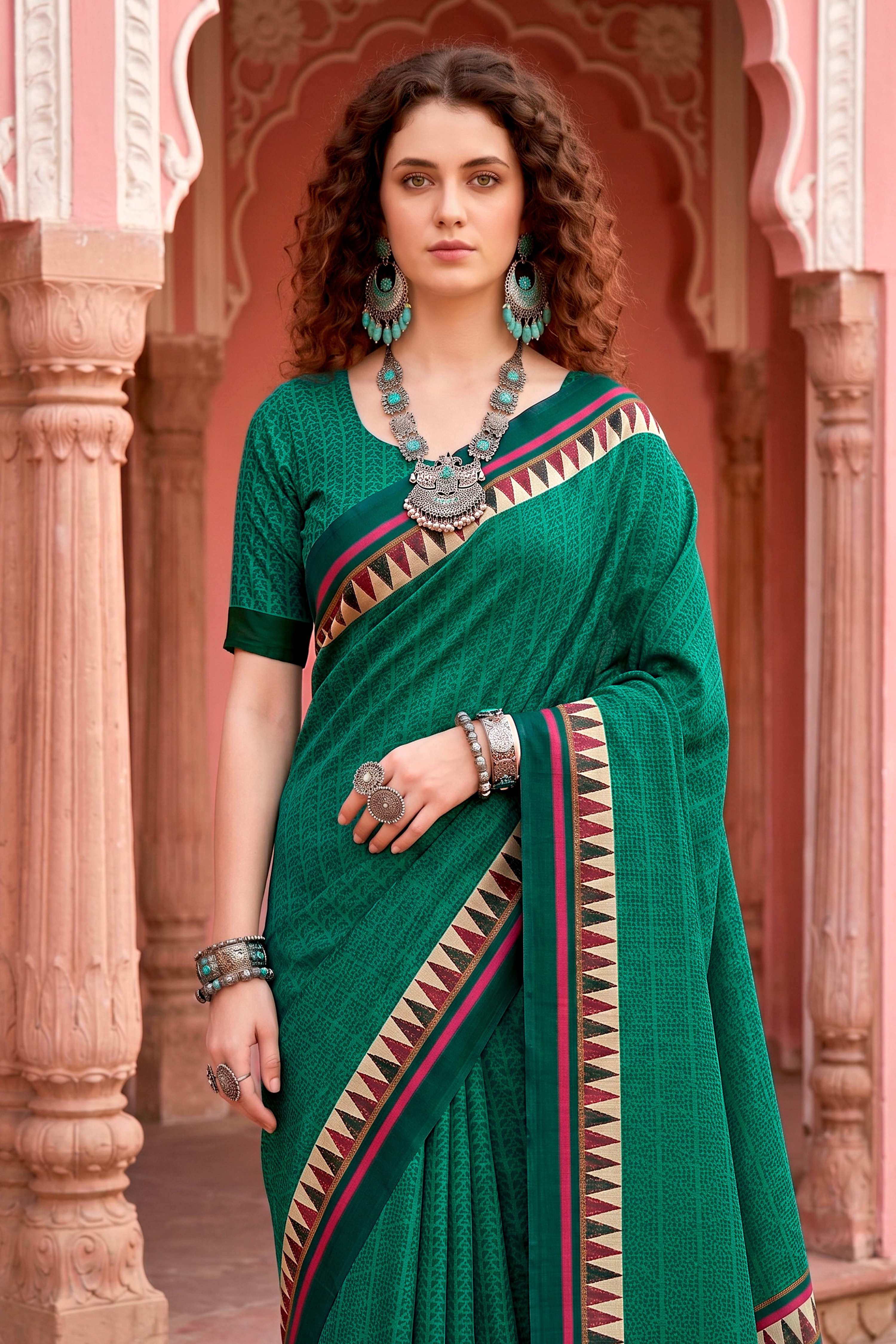 Sangam Prints Bottle Green Cotton Blend Woven Work Traditional Saree | Grocsy