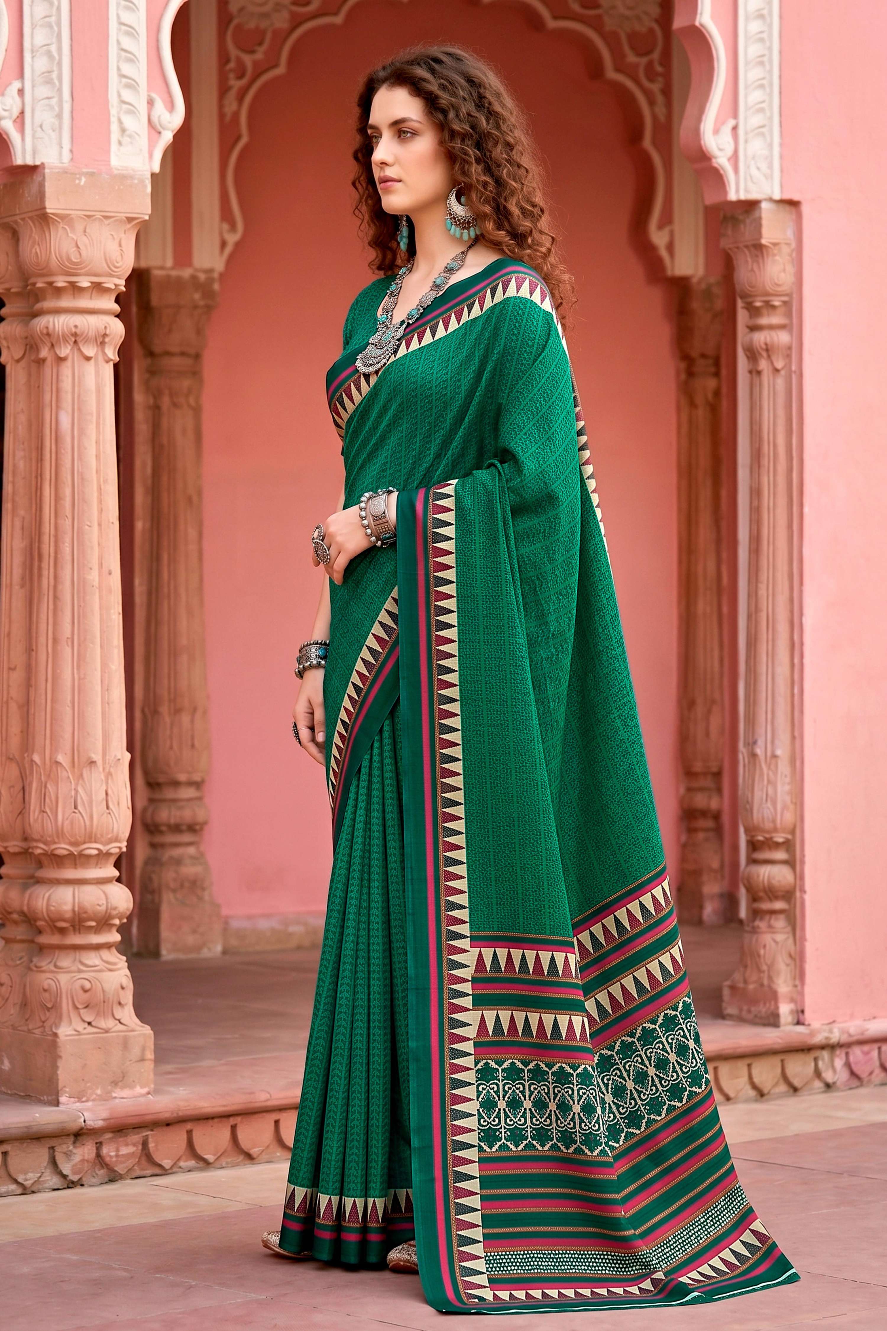 Sangam Prints Bottle Green Cotton Blend Woven Work Traditional Saree | Grocsy
