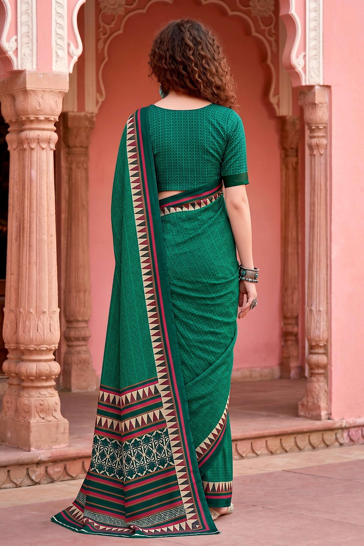 Sangam Prints Bottle Green Cotton Blend Woven Work Traditional Saree | Grocsy