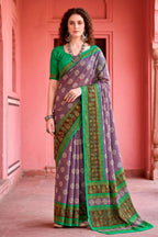 Sangam Prints Smoky Lavender Cotton Blend Woven Work Traditional Saree | Grocsy