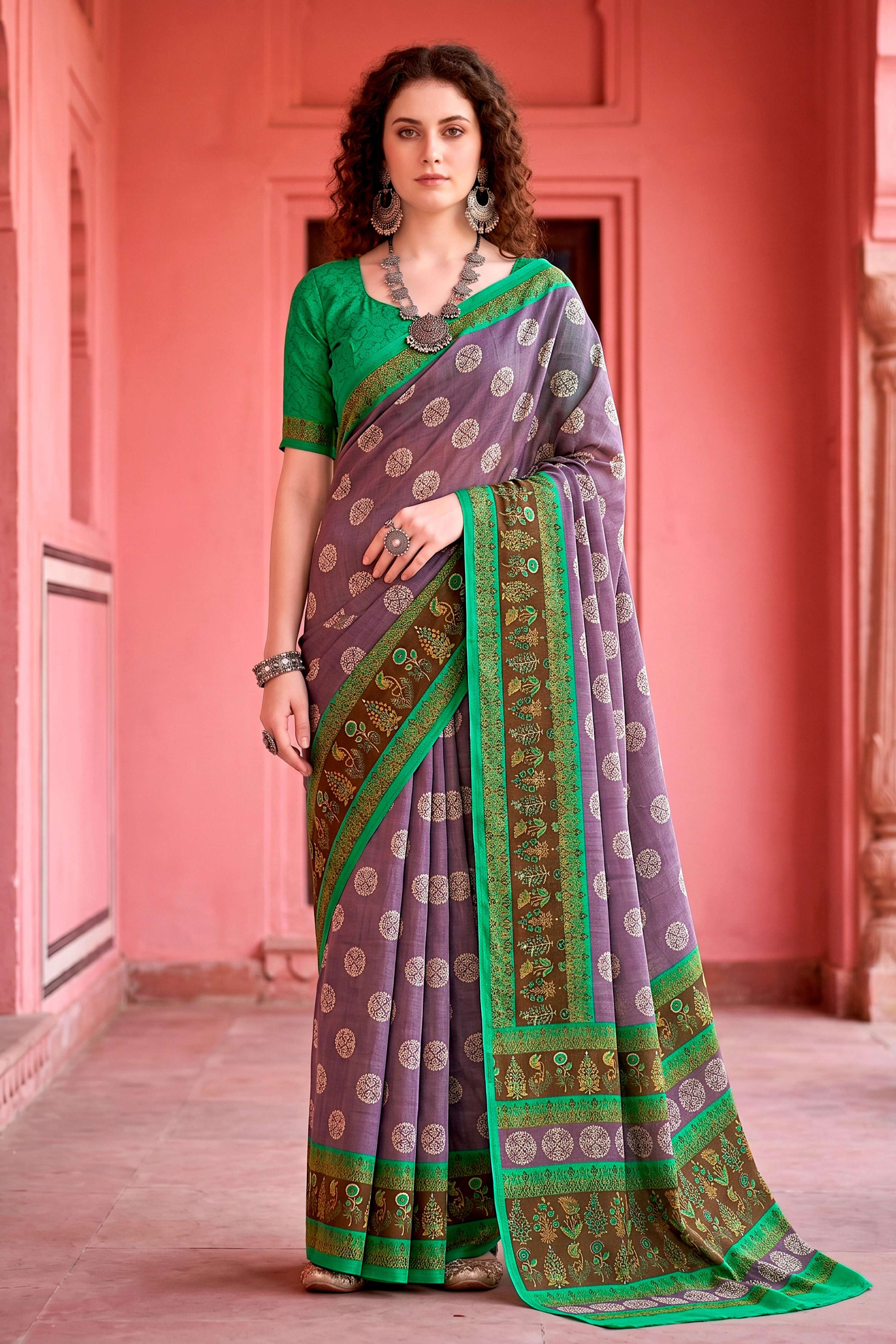 Sangam Prints Smoky Lavender Cotton Blend Woven Work Traditional Saree | Grocsy