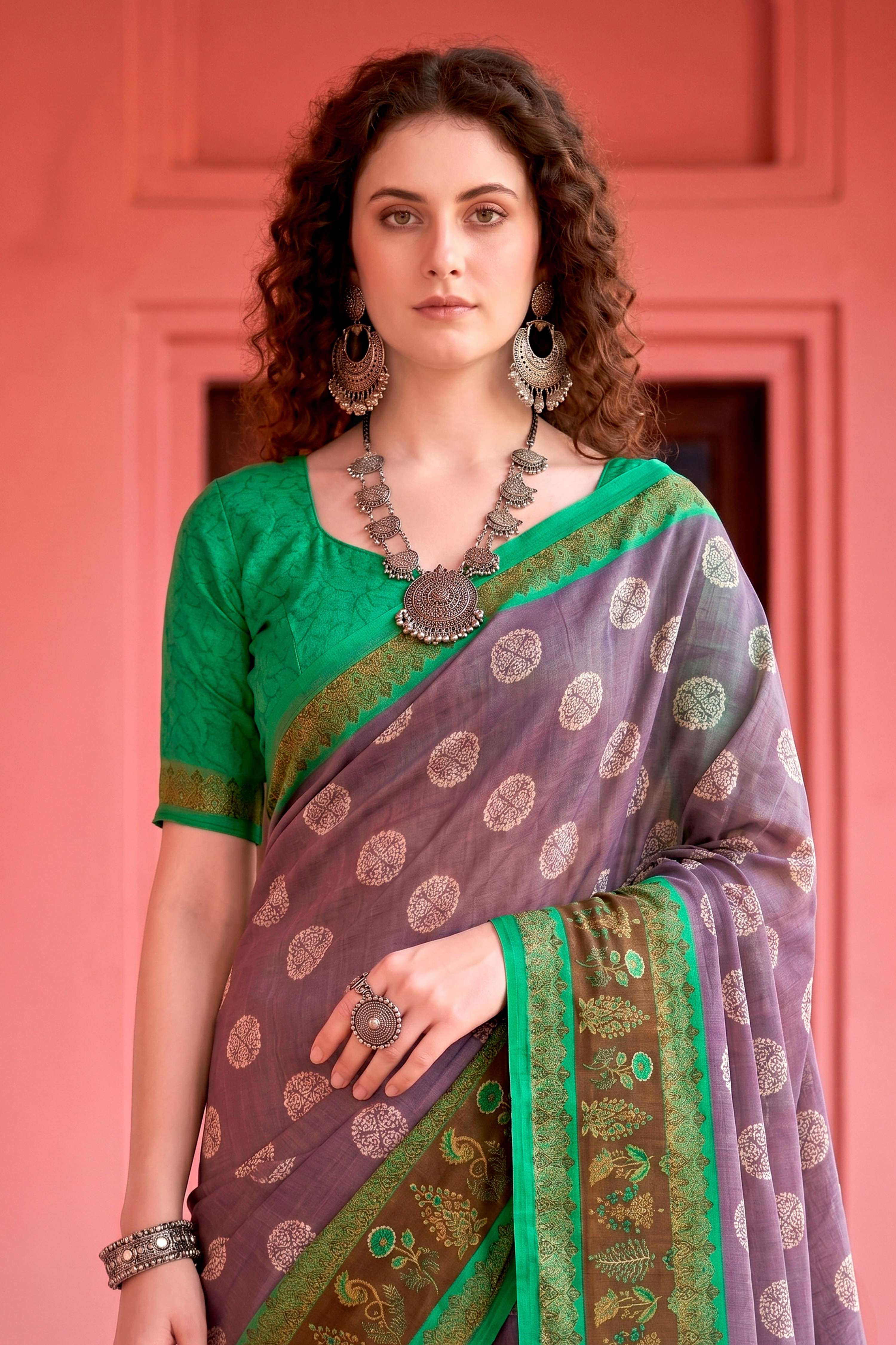 Sangam Prints Smoky Lavender Cotton Blend Woven Work Traditional Saree | Grocsy