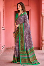 Sangam Prints Smoky Lavender Cotton Blend Woven Work Traditional Saree | Grocsy