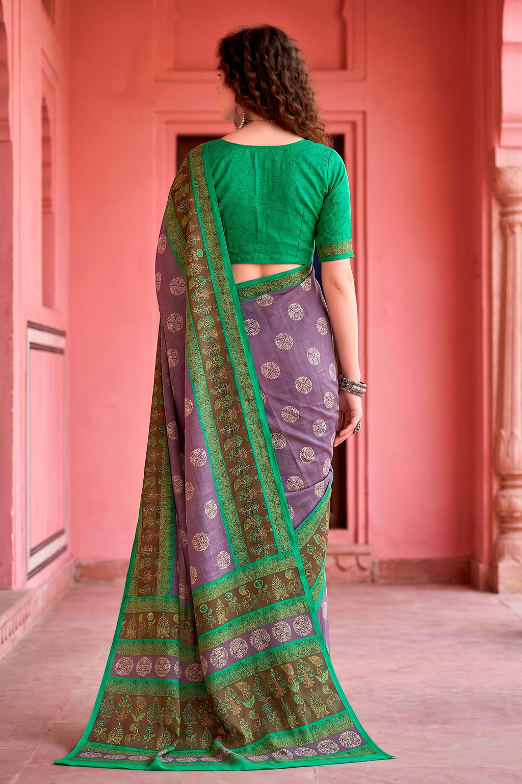 Sangam Prints Smoky Lavender Cotton Blend Woven Work Traditional Saree | Grocsy