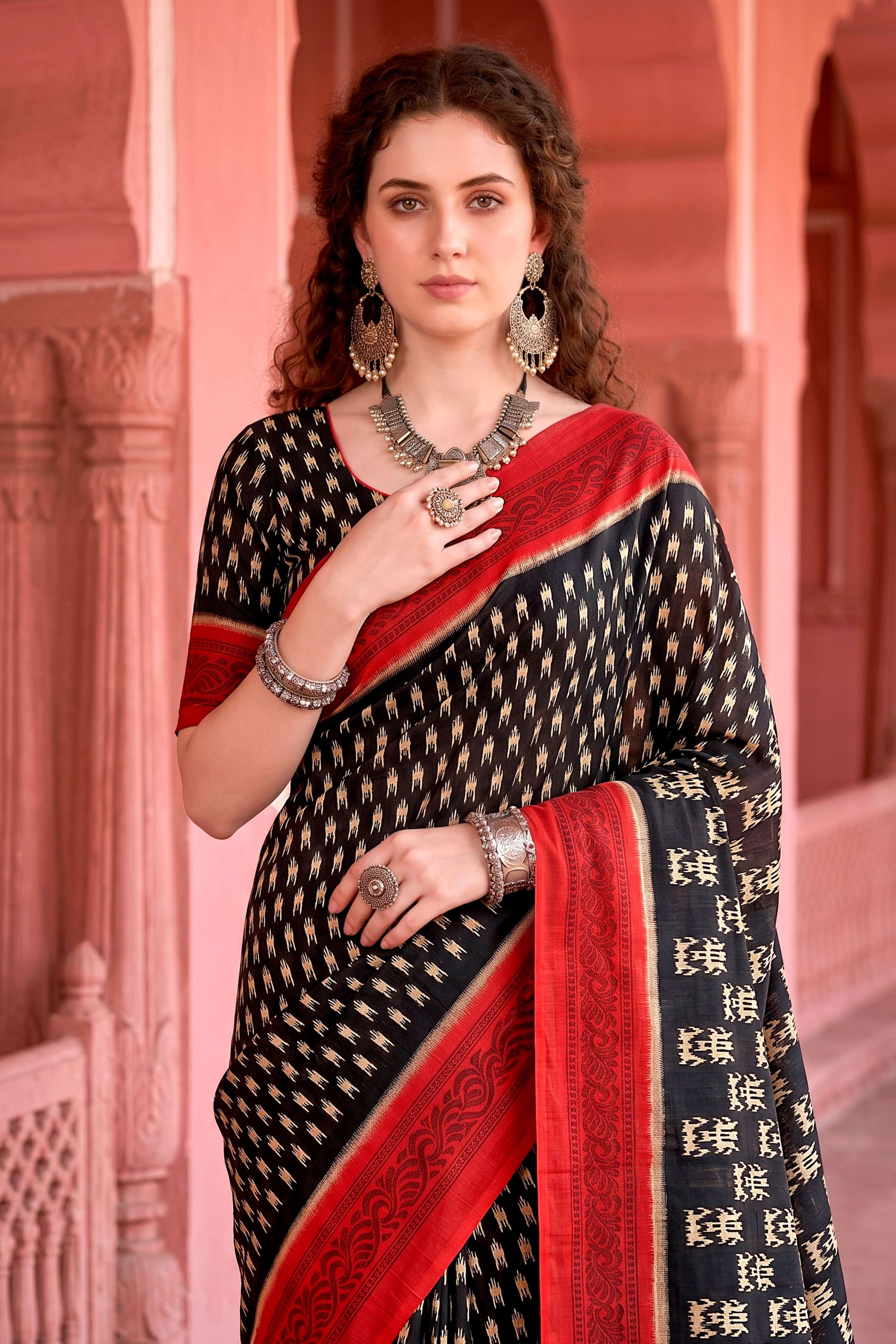 Sangam Prints Black Cotton Blend Woven Work Traditional Saree | Grocsy