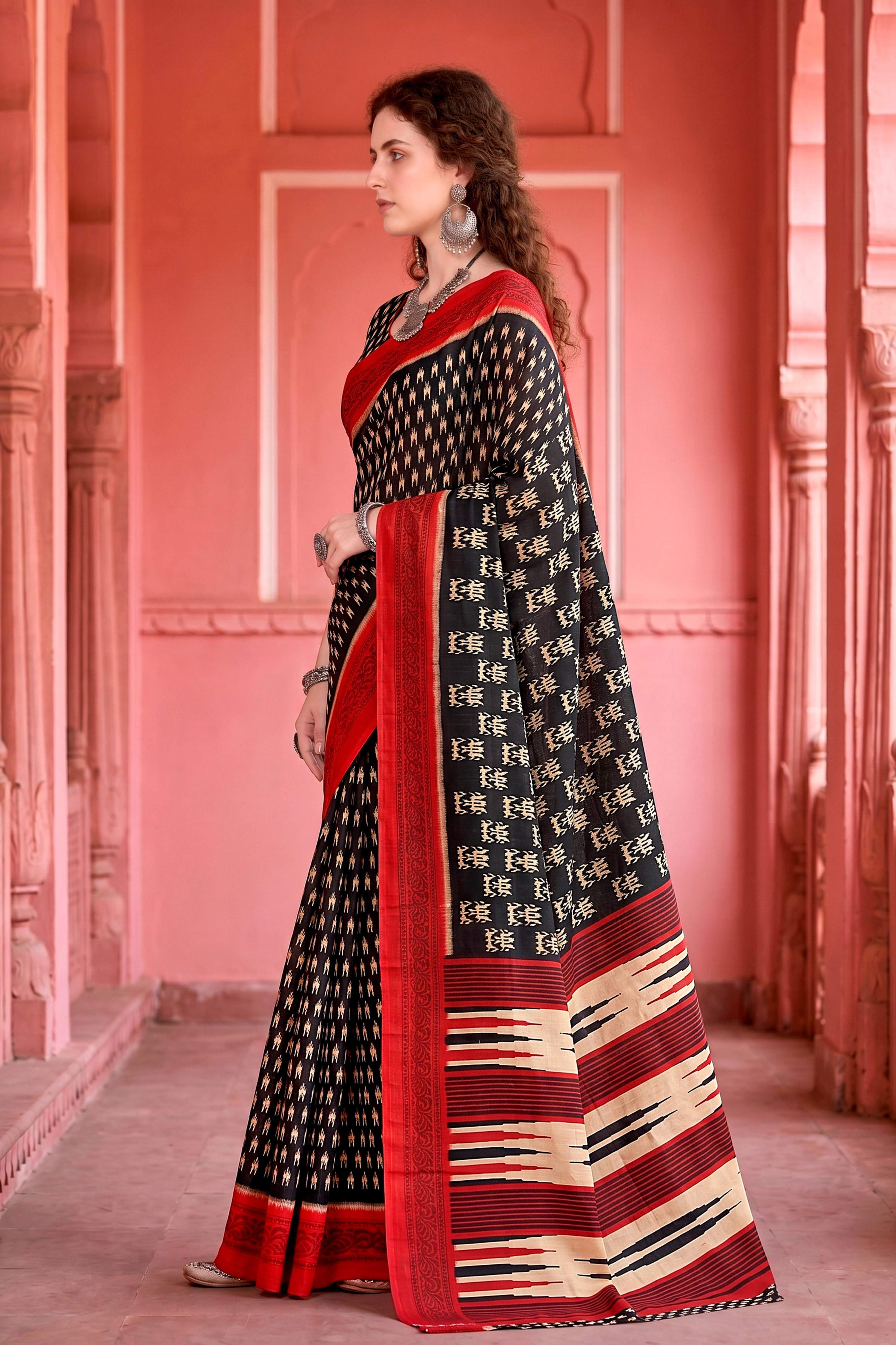 Sangam Prints Black Cotton Blend Woven Work Traditional Saree | Grocsy