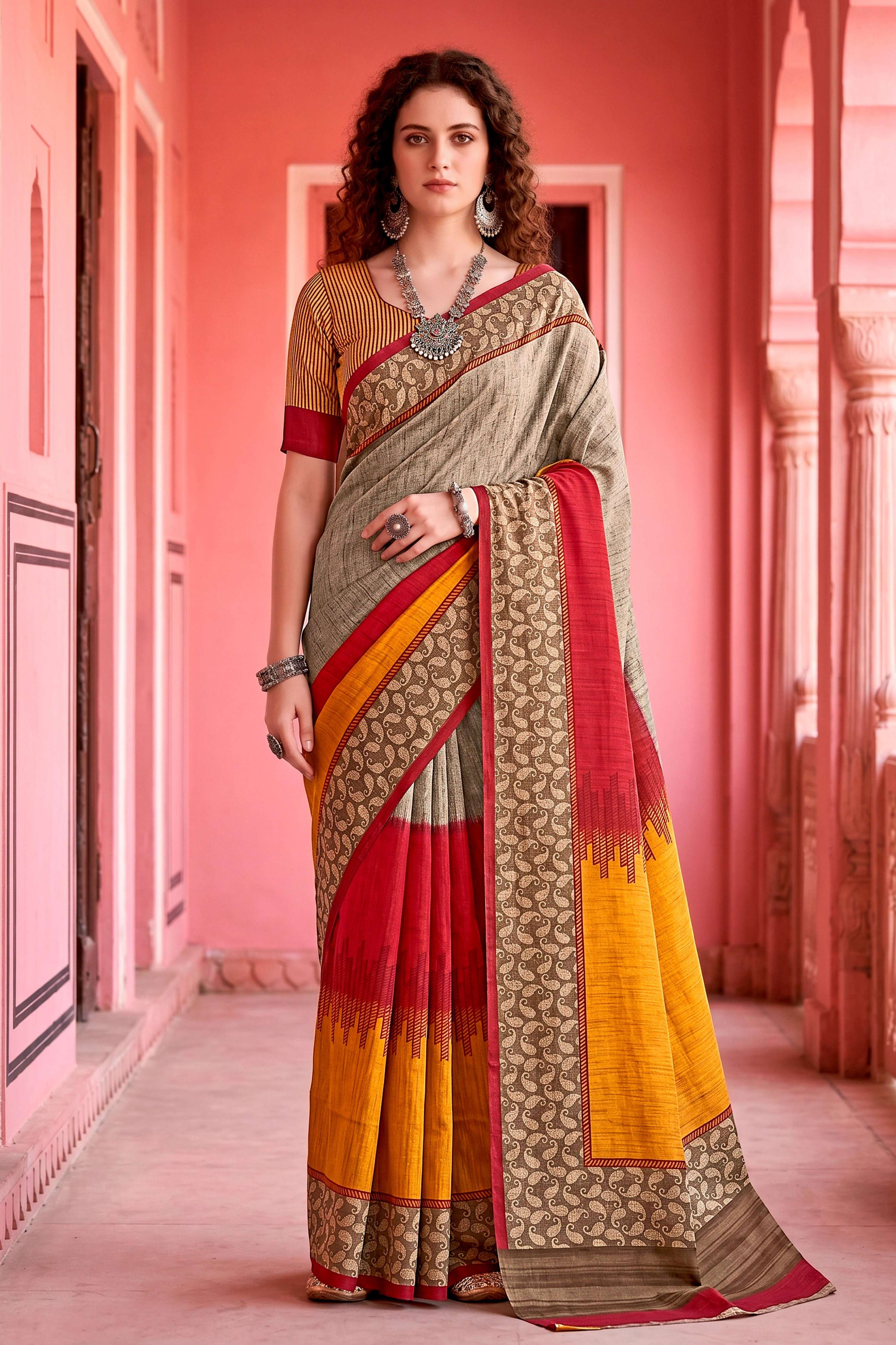 Sangam Prints Grey Cotton Blend Woven Work Traditional Saree | Grocsy