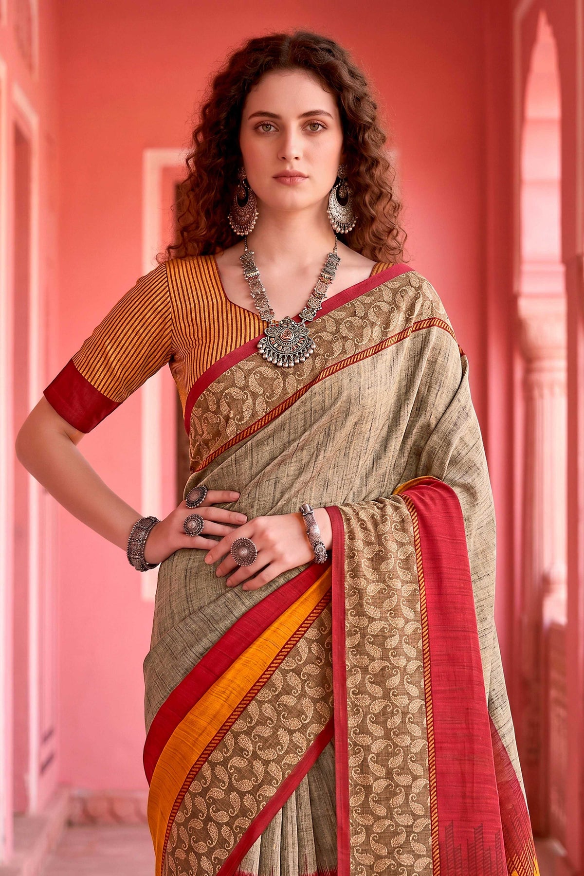 Sangam Prints Grey Cotton Blend Woven Work Traditional Saree | Grocsy