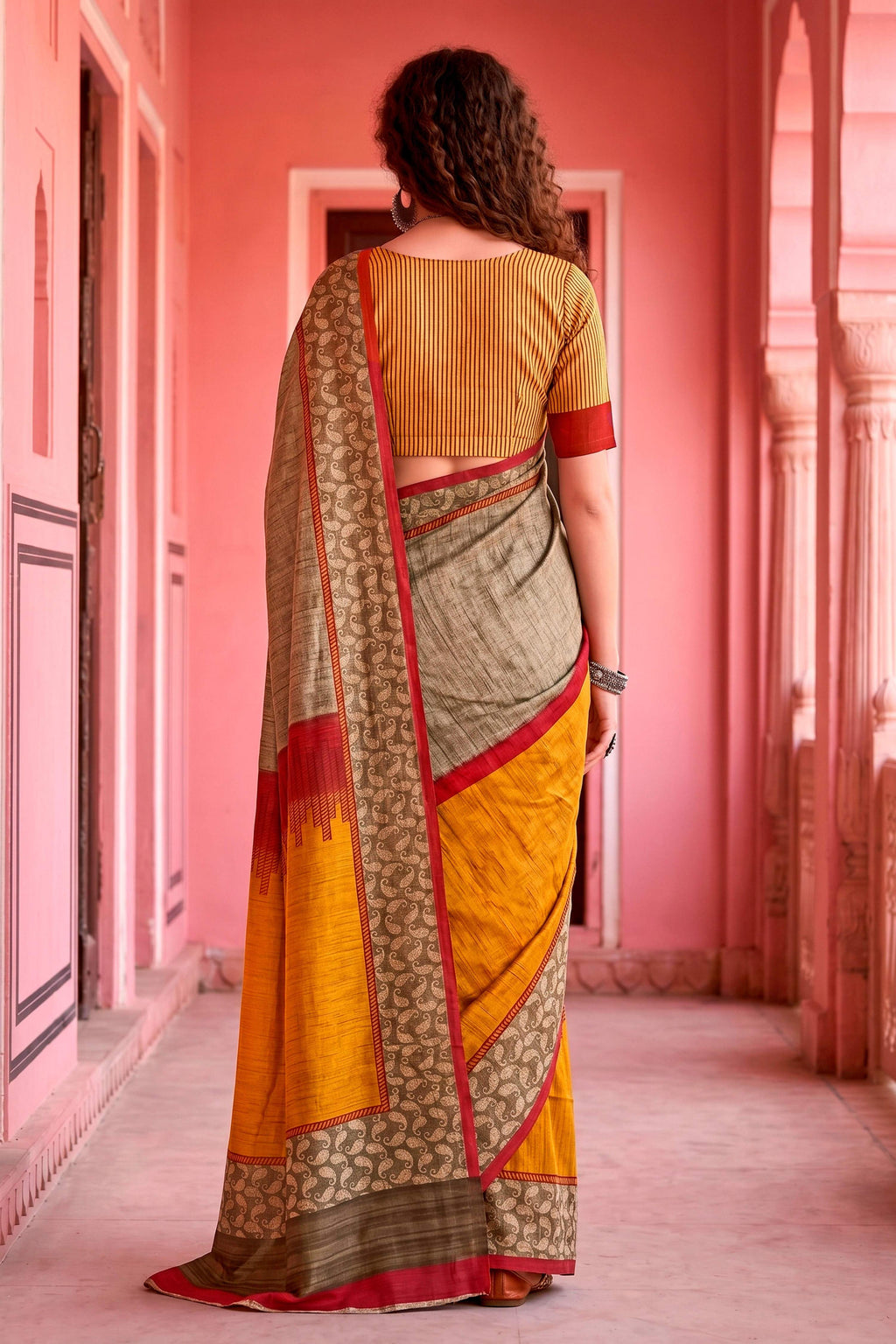 Sangam Prints Grey Cotton Blend Woven Work Traditional Saree | Grocsy