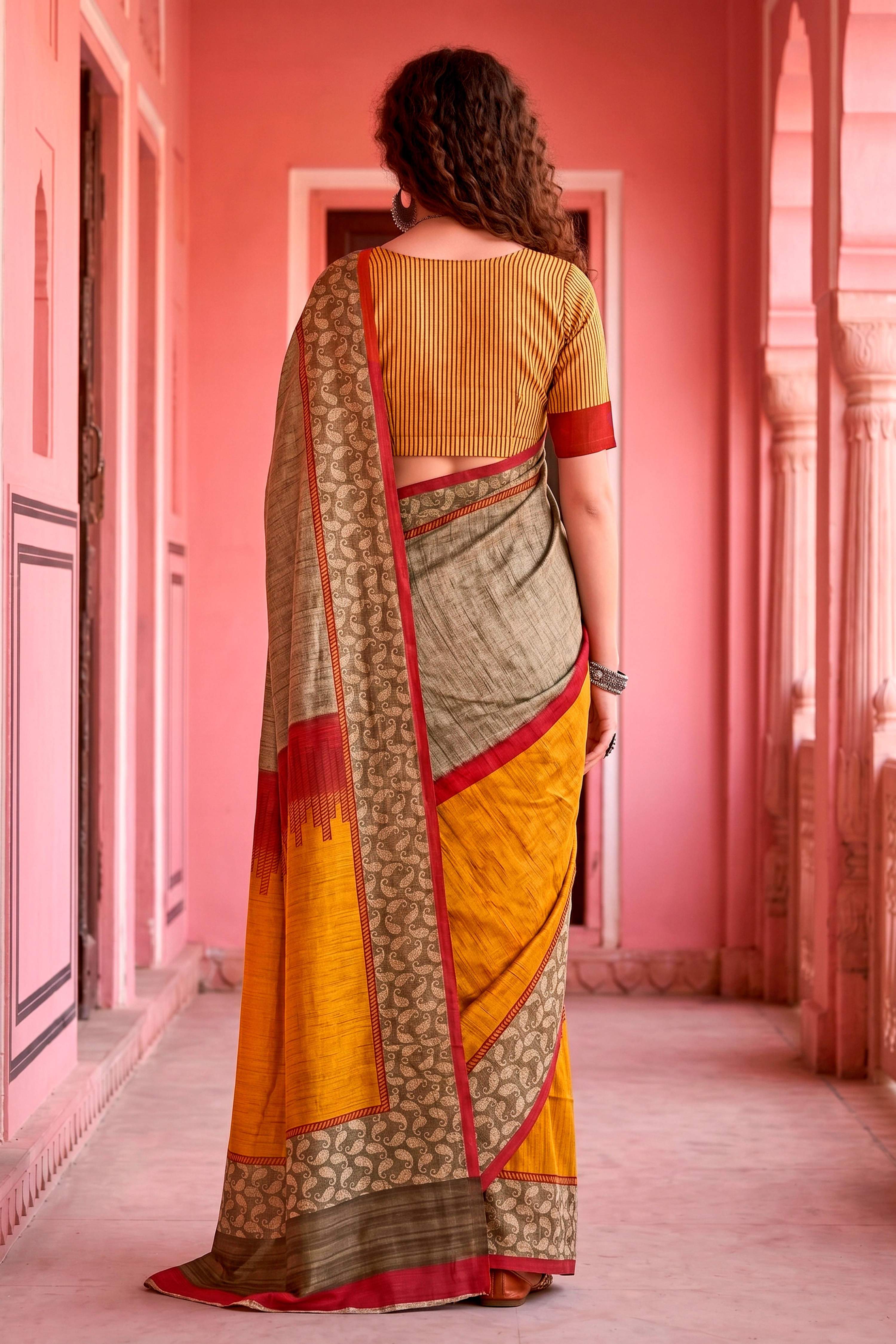Sangam Prints Grey Cotton Blend Woven Work Traditional Saree | Grocsy