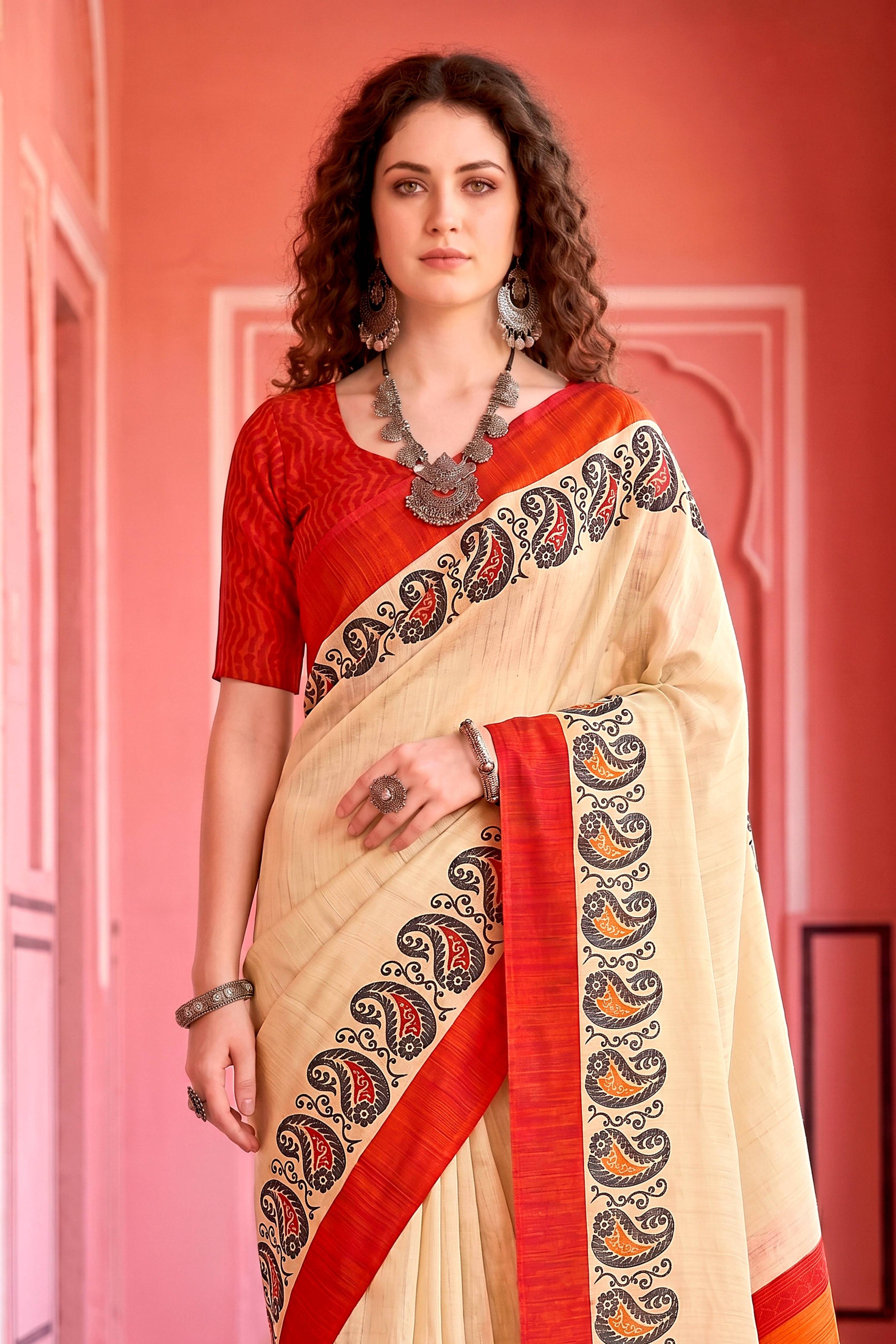 Sangam Prints Cream Cotton Blend Woven Work Traditional Saree | Grocsy