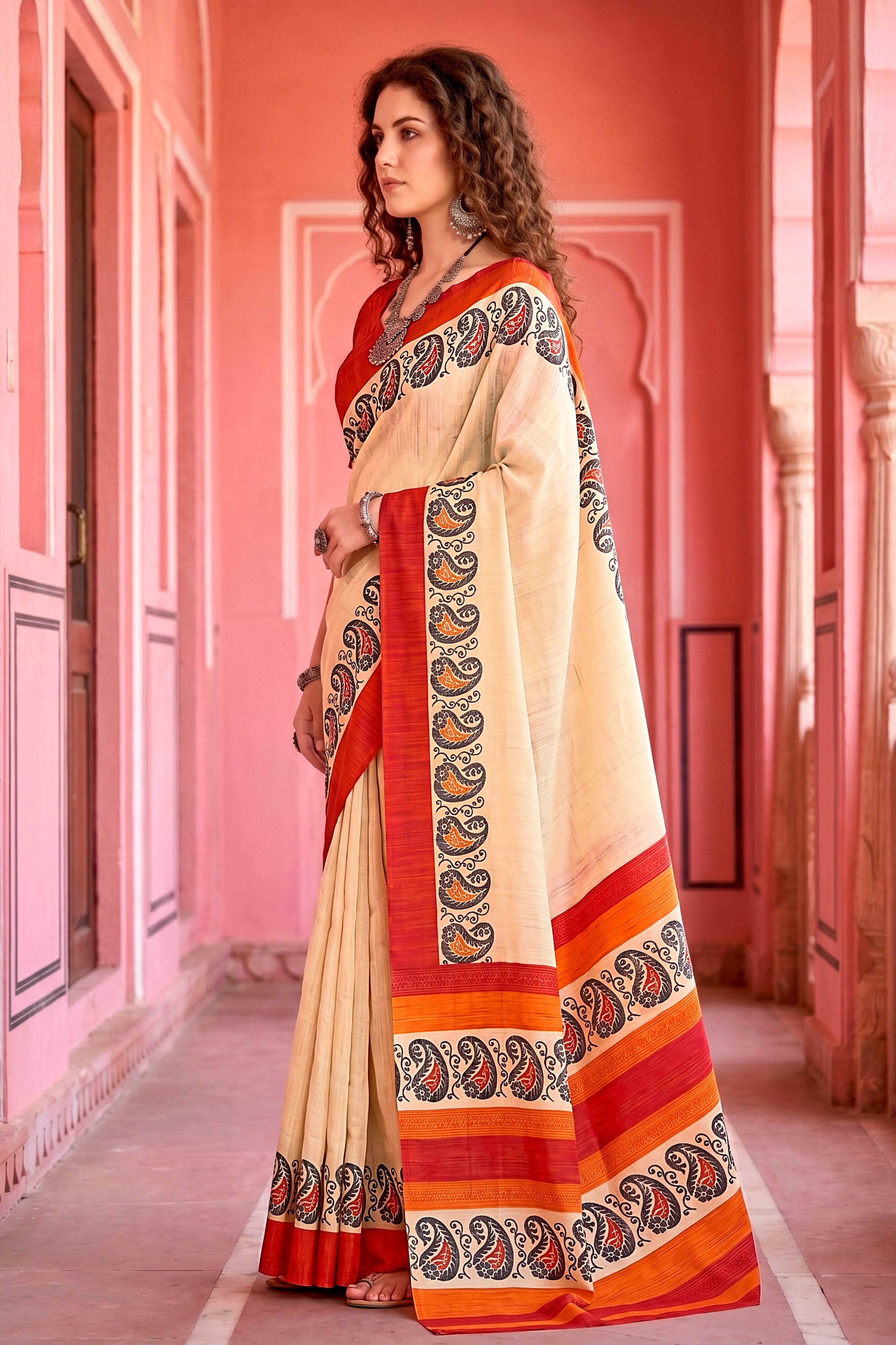 Sangam Prints Cream Cotton Blend Woven Work Traditional Saree | Grocsy