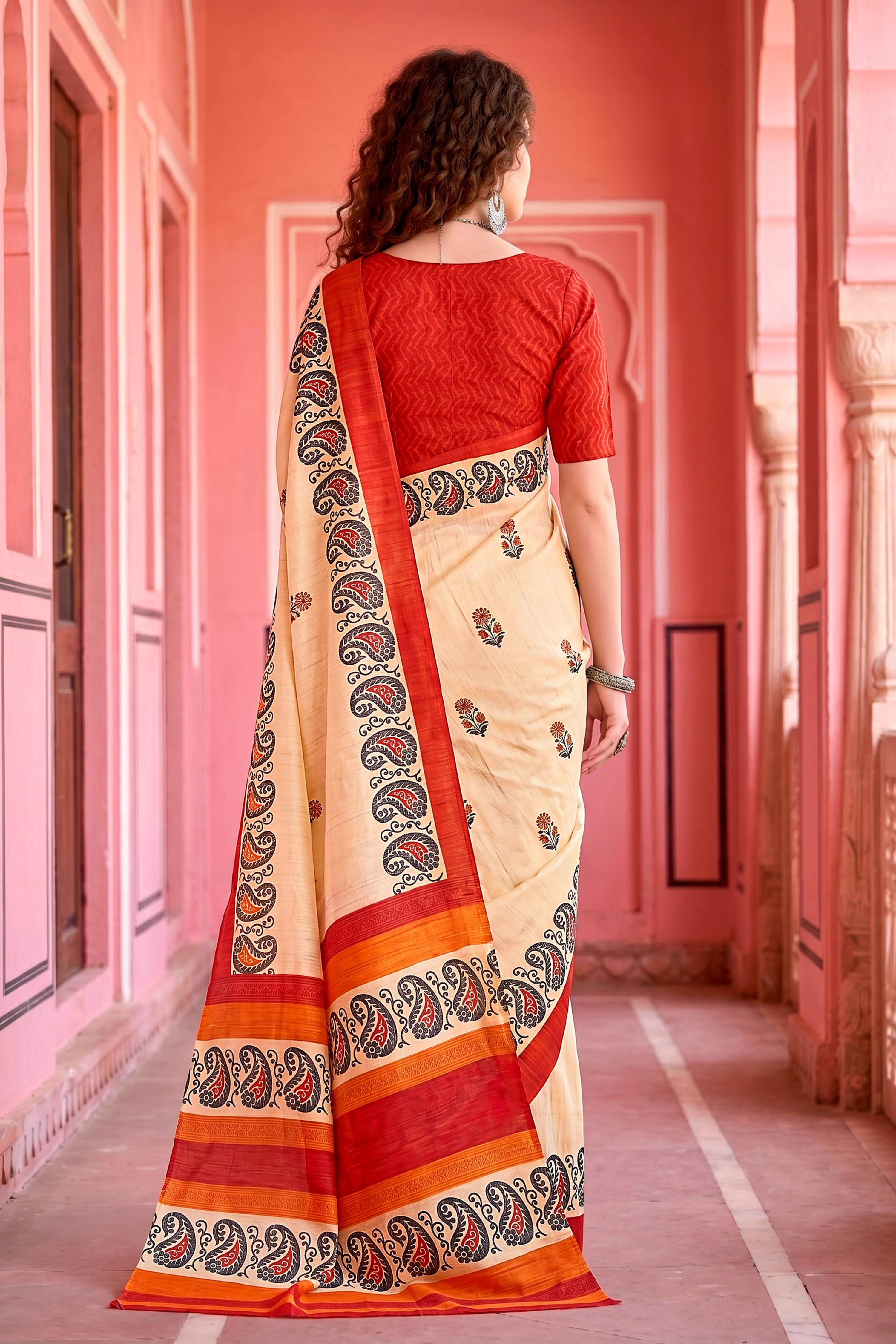 Sangam Prints Cream Cotton Blend Woven Work Traditional Saree | Grocsy