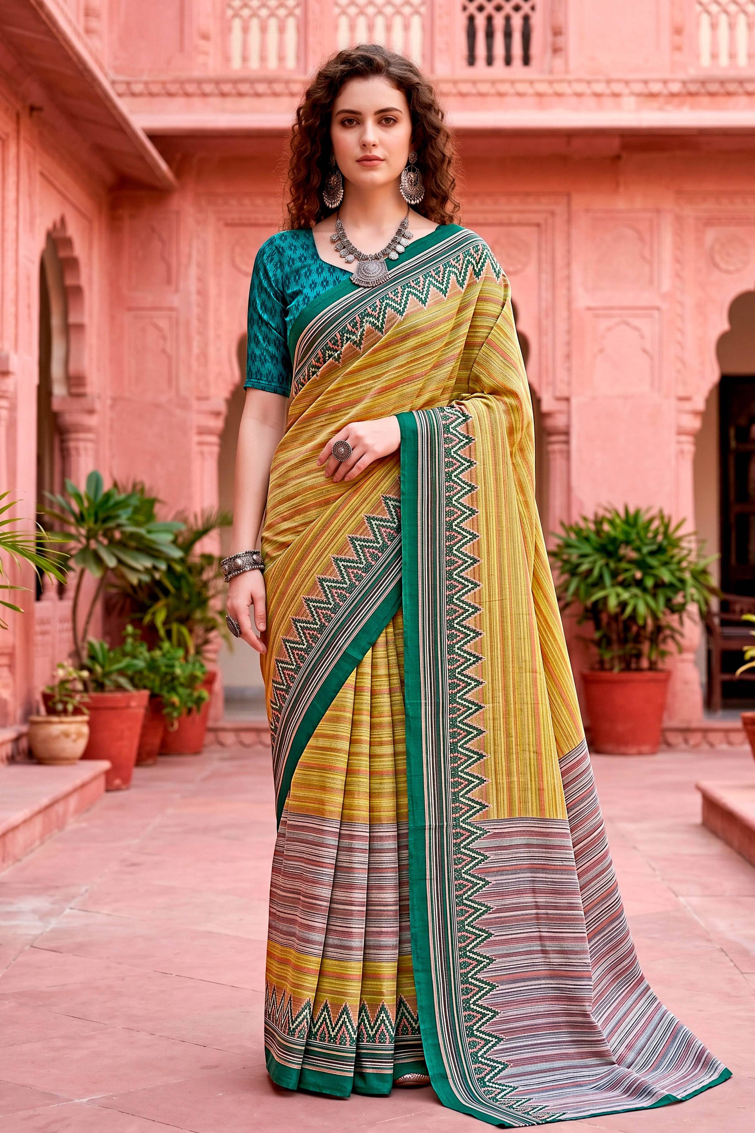 Sangam Prints Mustard Yellow Cotton Blend Woven Work Traditional Saree | Grocsy