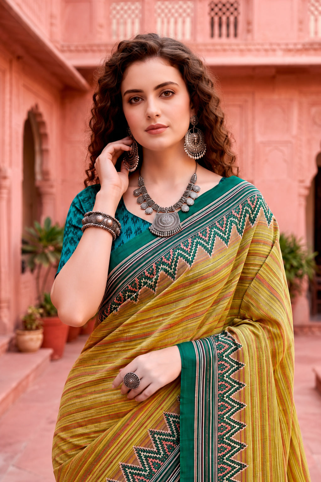 Sangam Prints Mustard Yellow Cotton Blend Woven Work Traditional Saree | Grocsy