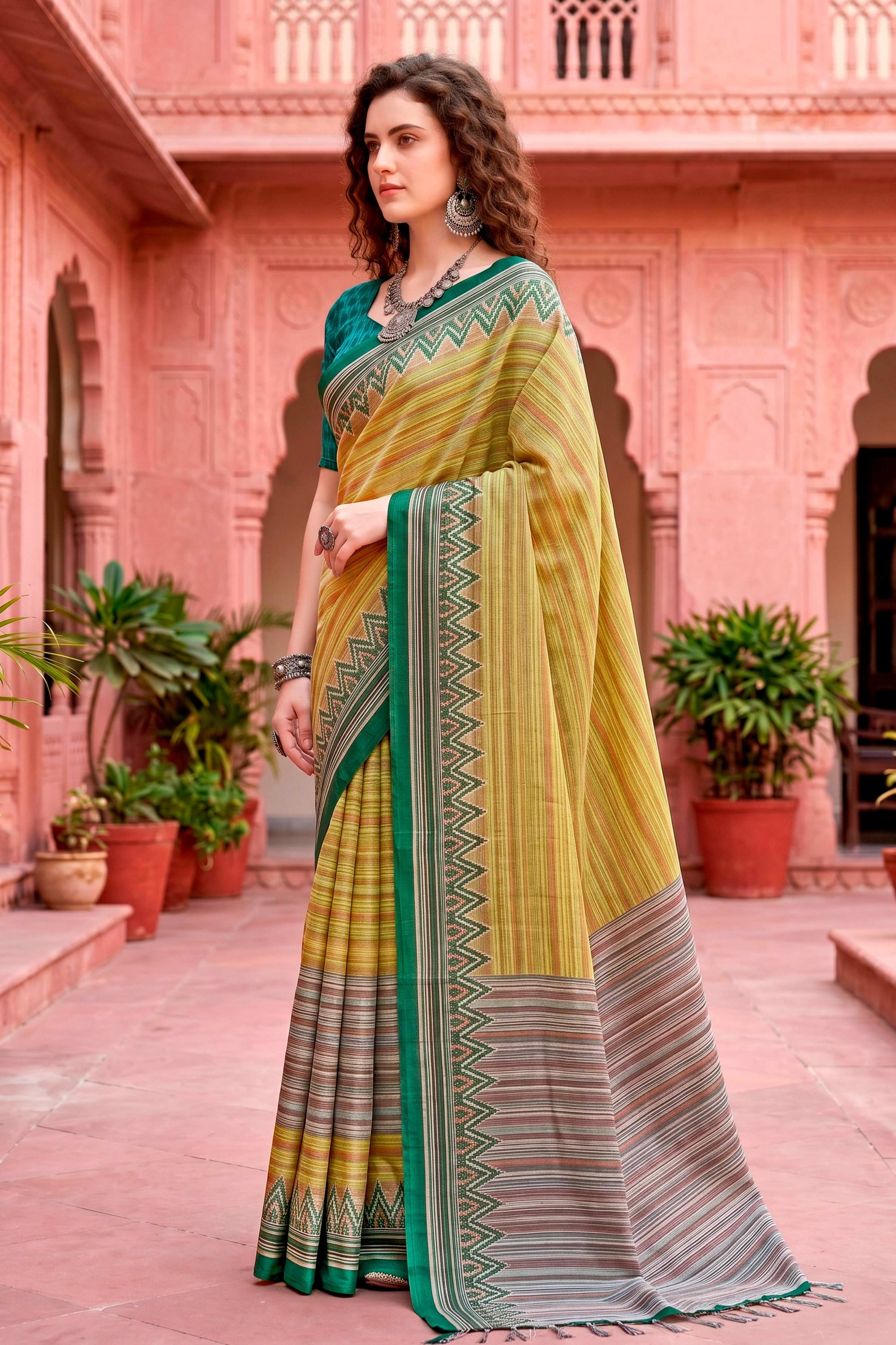 Sangam Prints Mustard Yellow Cotton Blend Woven Work Traditional Saree | Grocsy