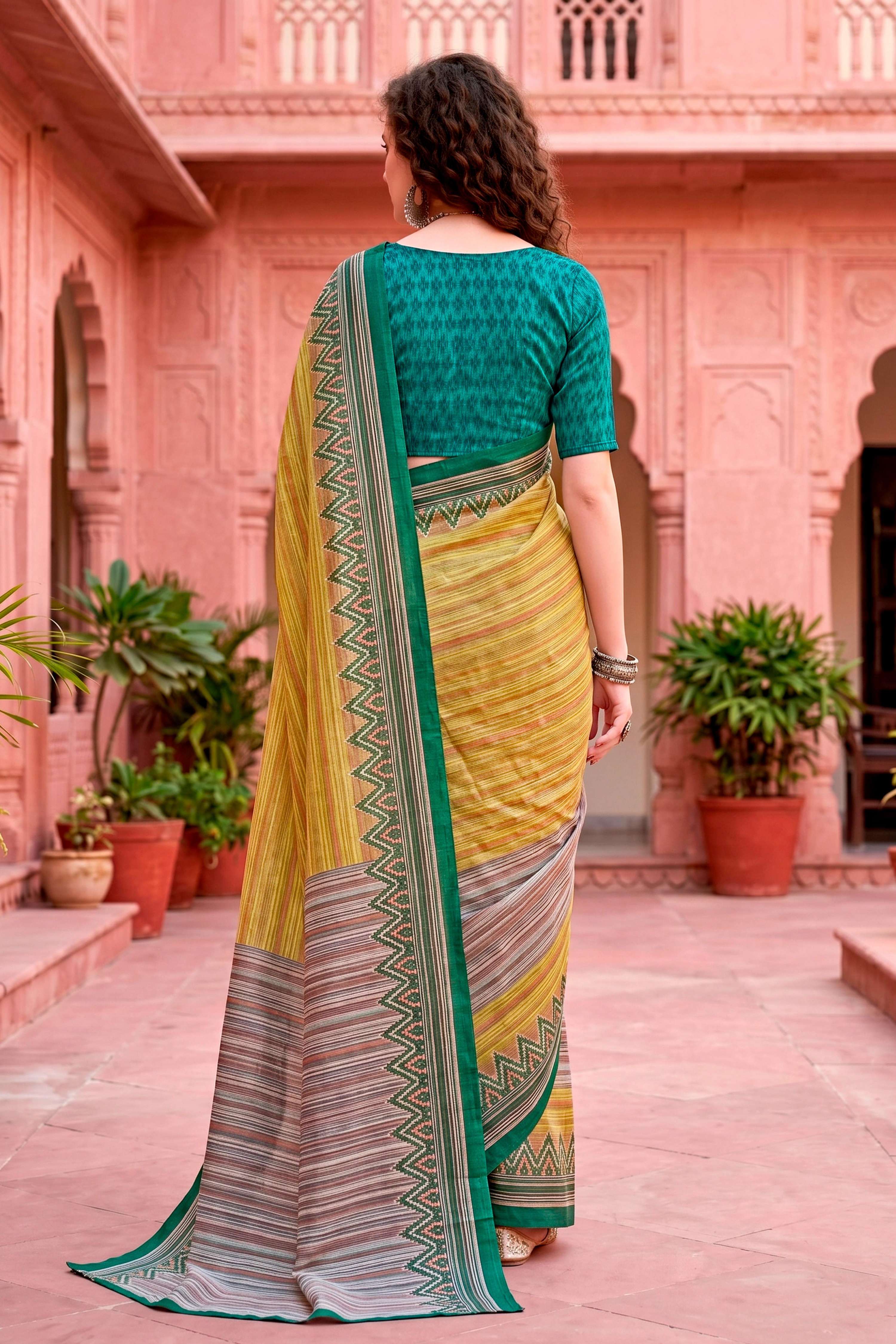 Sangam Prints Mustard Yellow Cotton Blend Woven Work Traditional Saree | Grocsy