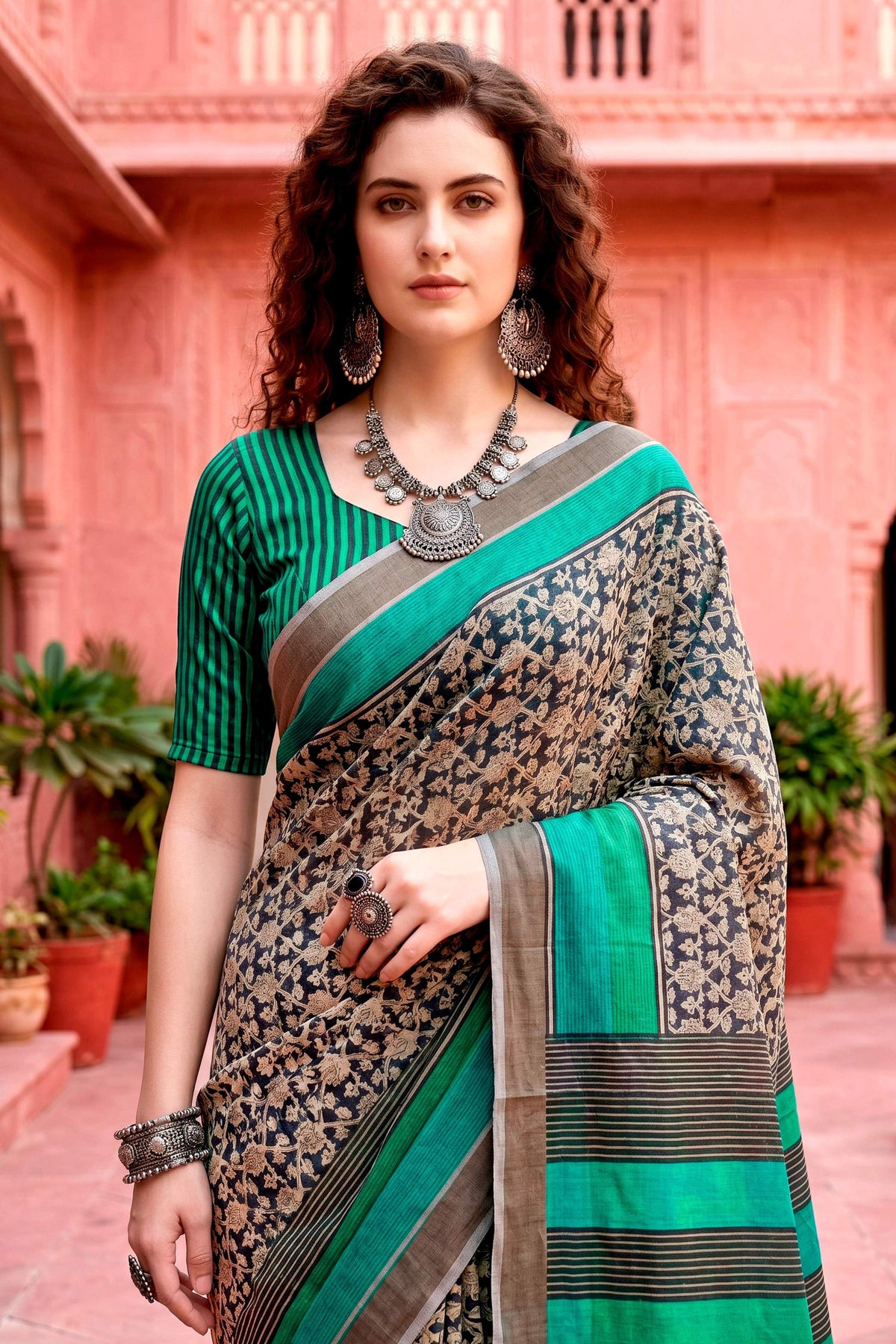 Sangam Prints Charcoal Grey Cotton Blend Woven Work Traditional Saree | Grocsy