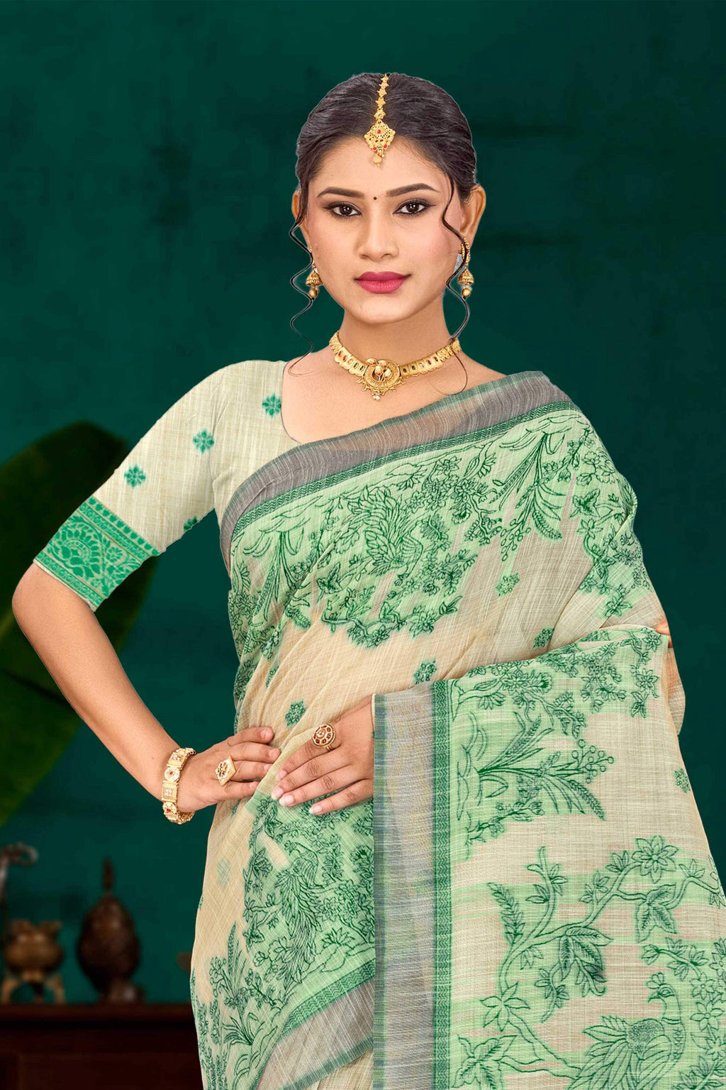 Sangam Prints Green Cotton Blend Woven Work Traditional Saree | Grocsy