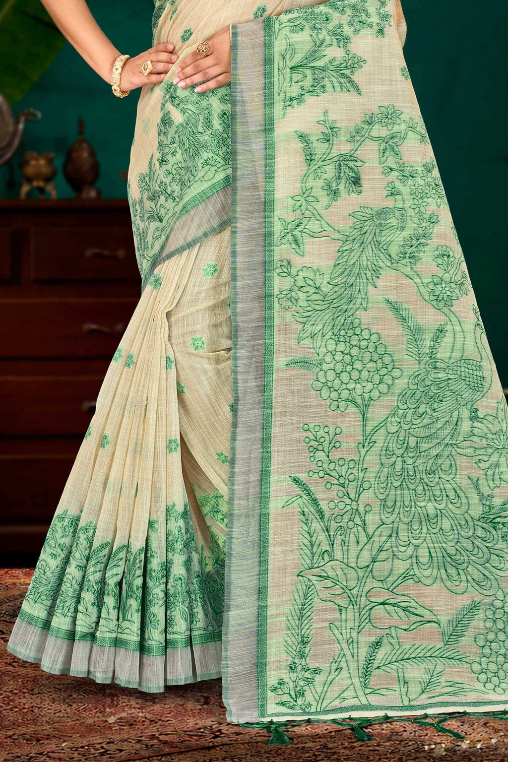 Sangam Prints Green Cotton Blend Woven Work Traditional Saree | Grocsy
