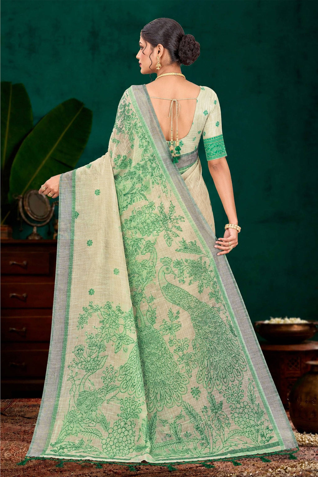 Sangam Prints Green Cotton Blend Woven Work Traditional Saree | Grocsy