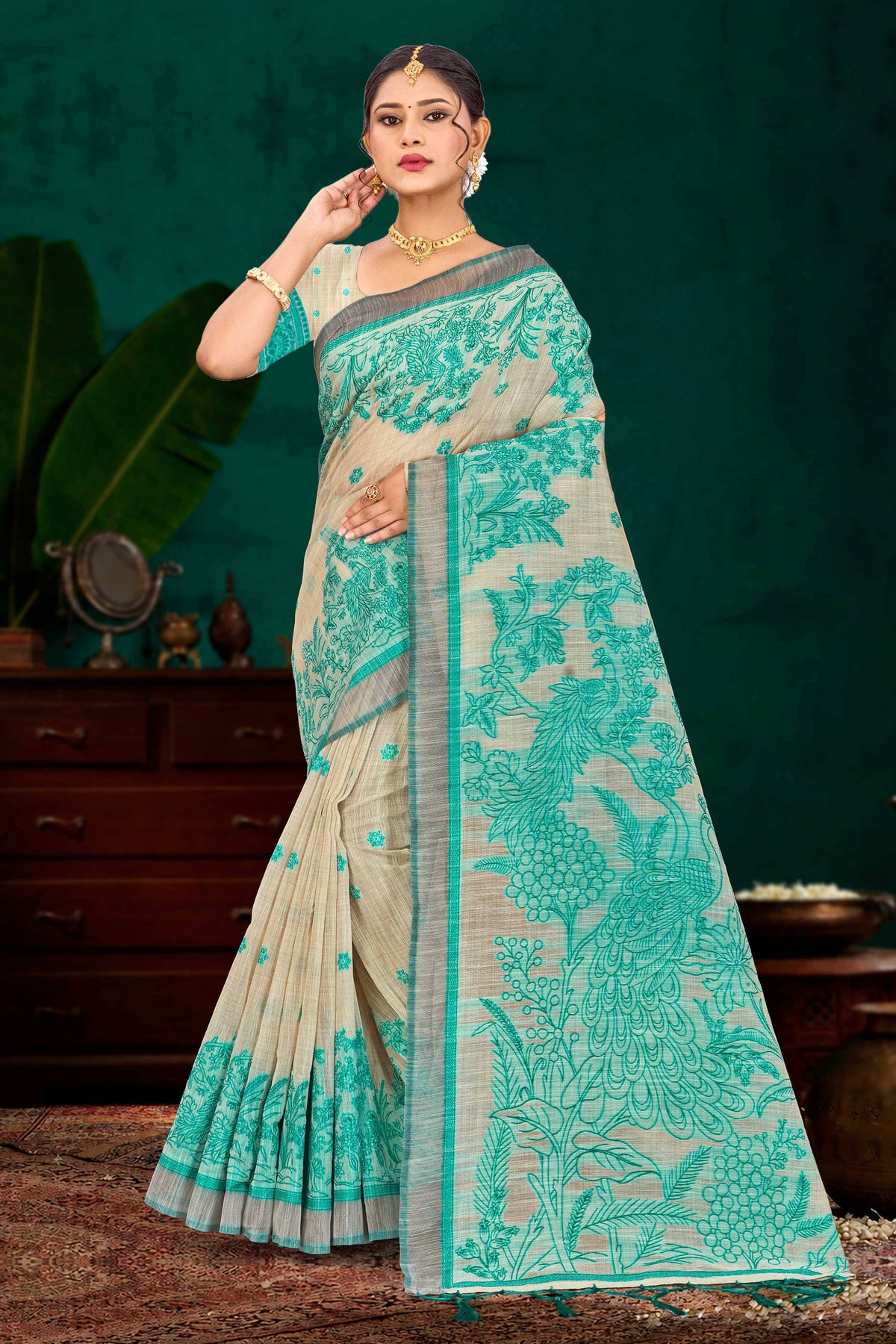 Sangam Prints Aqua Green Cotton Blend Woven Work Traditional Saree | Grocsy