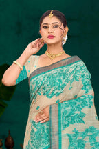 Sangam Prints Aqua Green Cotton Blend Woven Work Traditional Saree | Grocsy