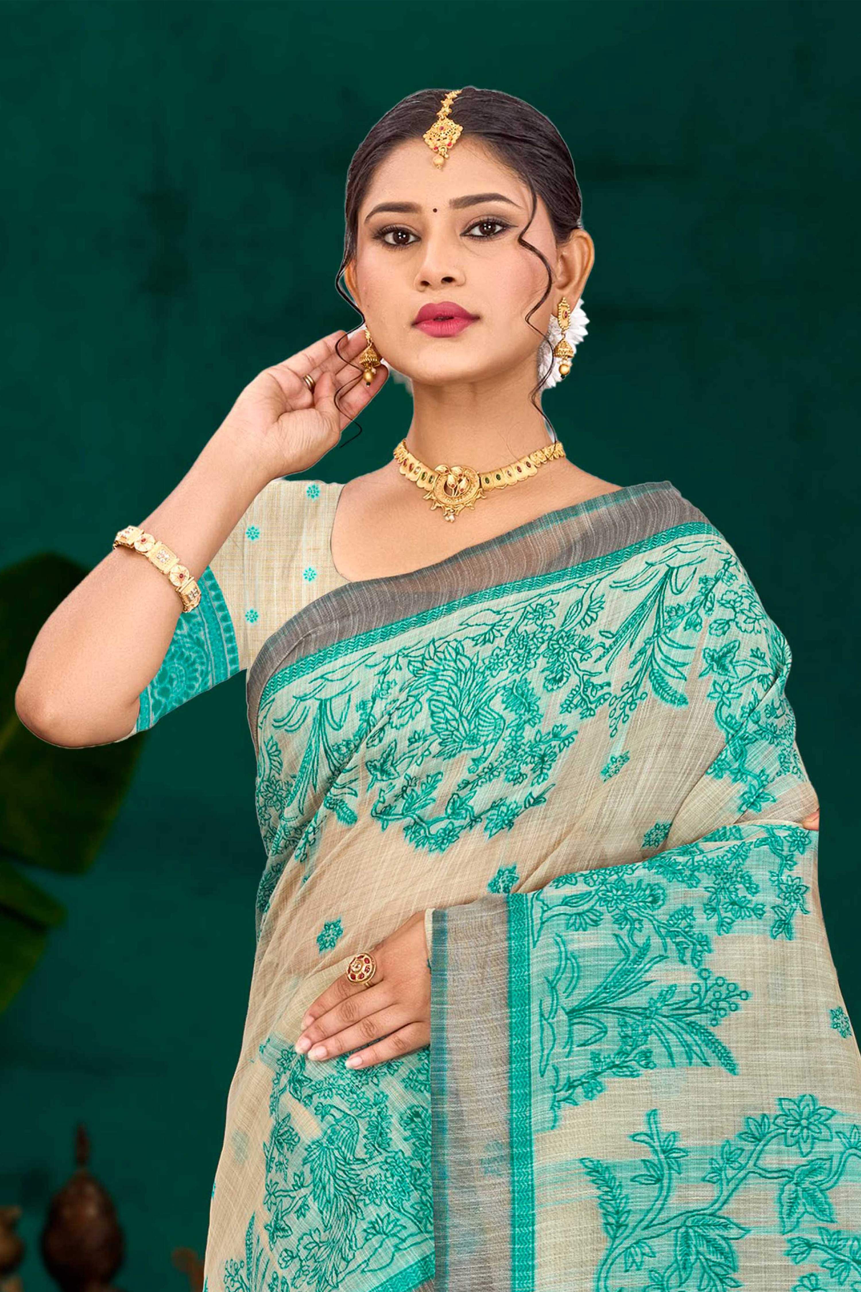 Sangam Prints Aqua Green Cotton Blend Woven Work Traditional Saree | Grocsy