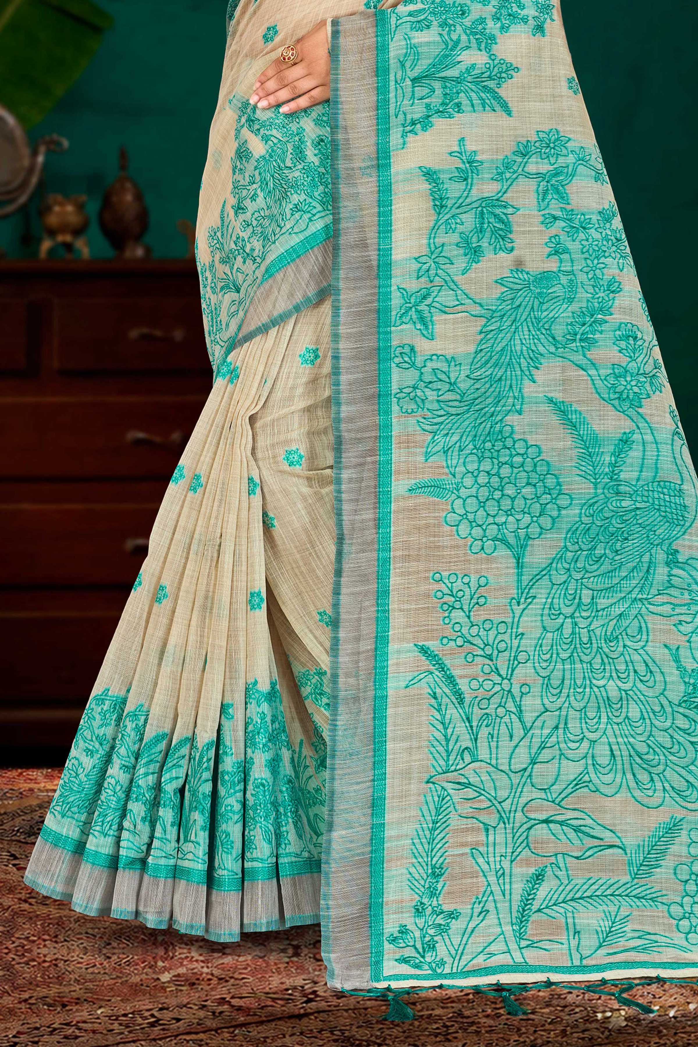 Sangam Prints Aqua Green Cotton Blend Woven Work Traditional Saree | Grocsy