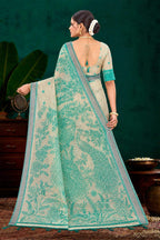 Sangam Prints Aqua Green Cotton Blend Woven Work Traditional Saree | Grocsy