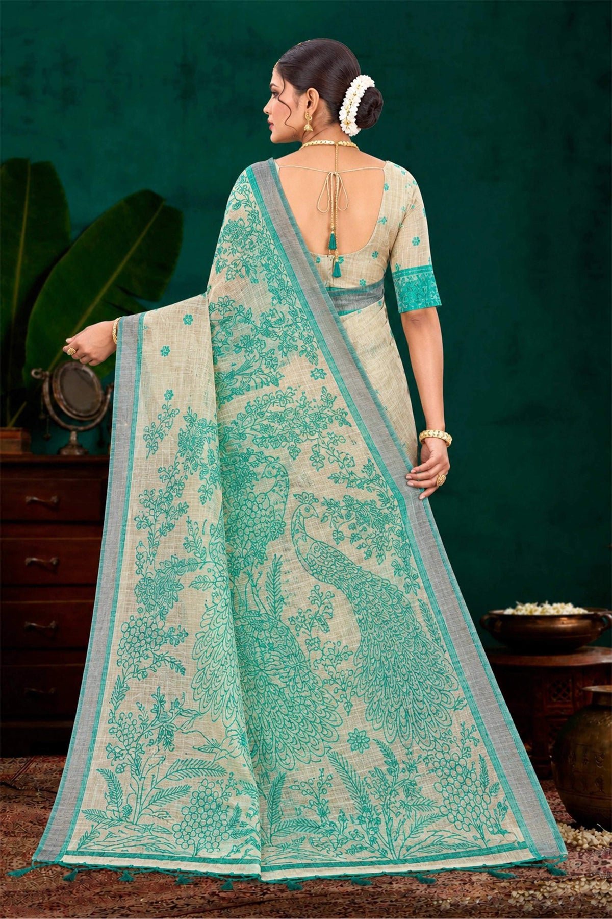 Sangam Prints Aqua Green Cotton Blend Woven Work Traditional Saree | Grocsy
