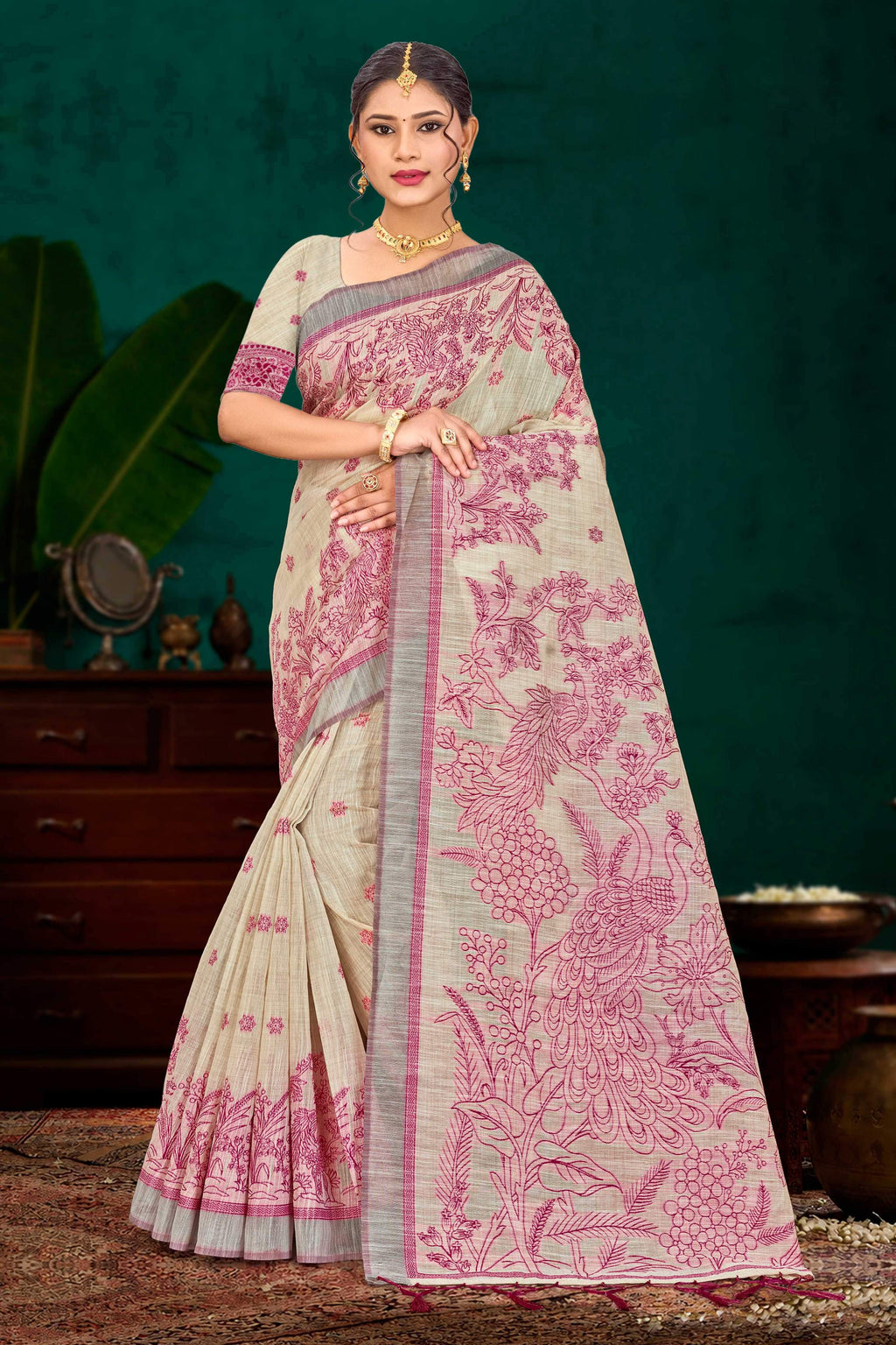 Sangam Prints Pink Cotton Blend Woven Work Traditional Saree | Grocsy