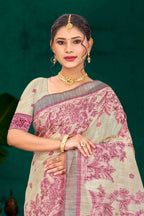 Sangam Prints Pink Cotton Blend Woven Work Traditional Saree | Grocsy